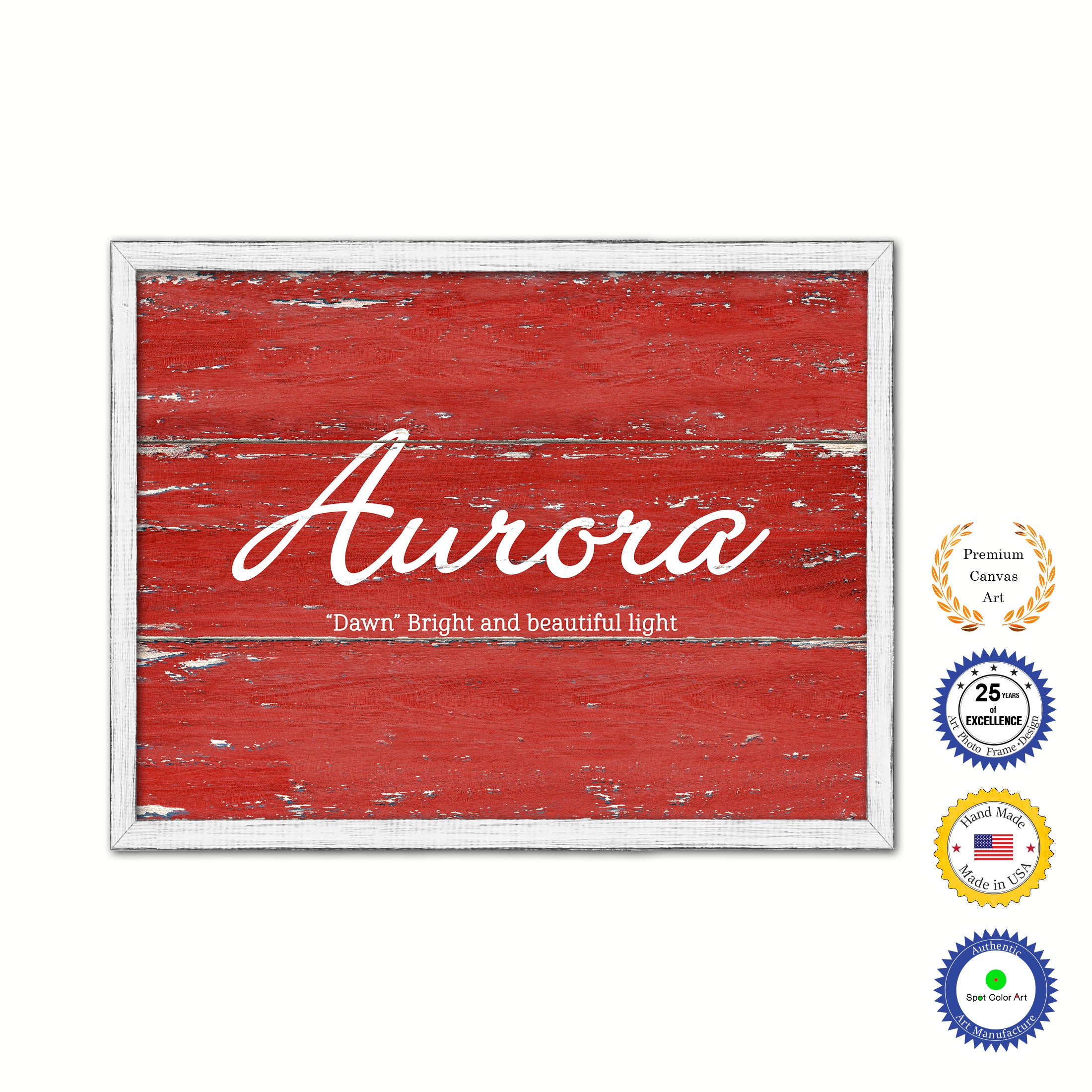 Aurora Name Plate White Wash Wood Frame Canvas Print Boutique Cottage Decor Shabby Chic