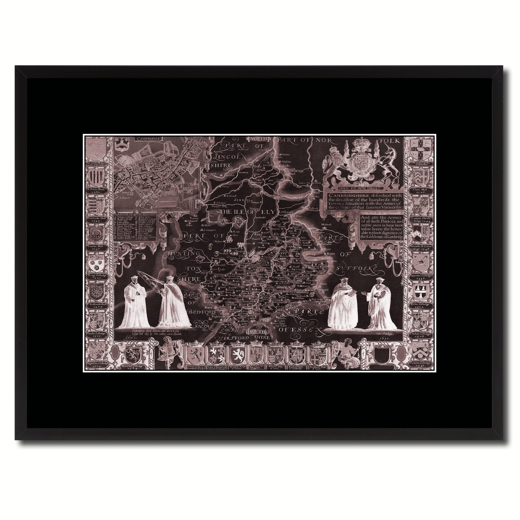 Cambridgeshire Vintage Vivid Sepia Map Canvas Print, Picture Frames Home Decor Wall Art Decoration Gifts