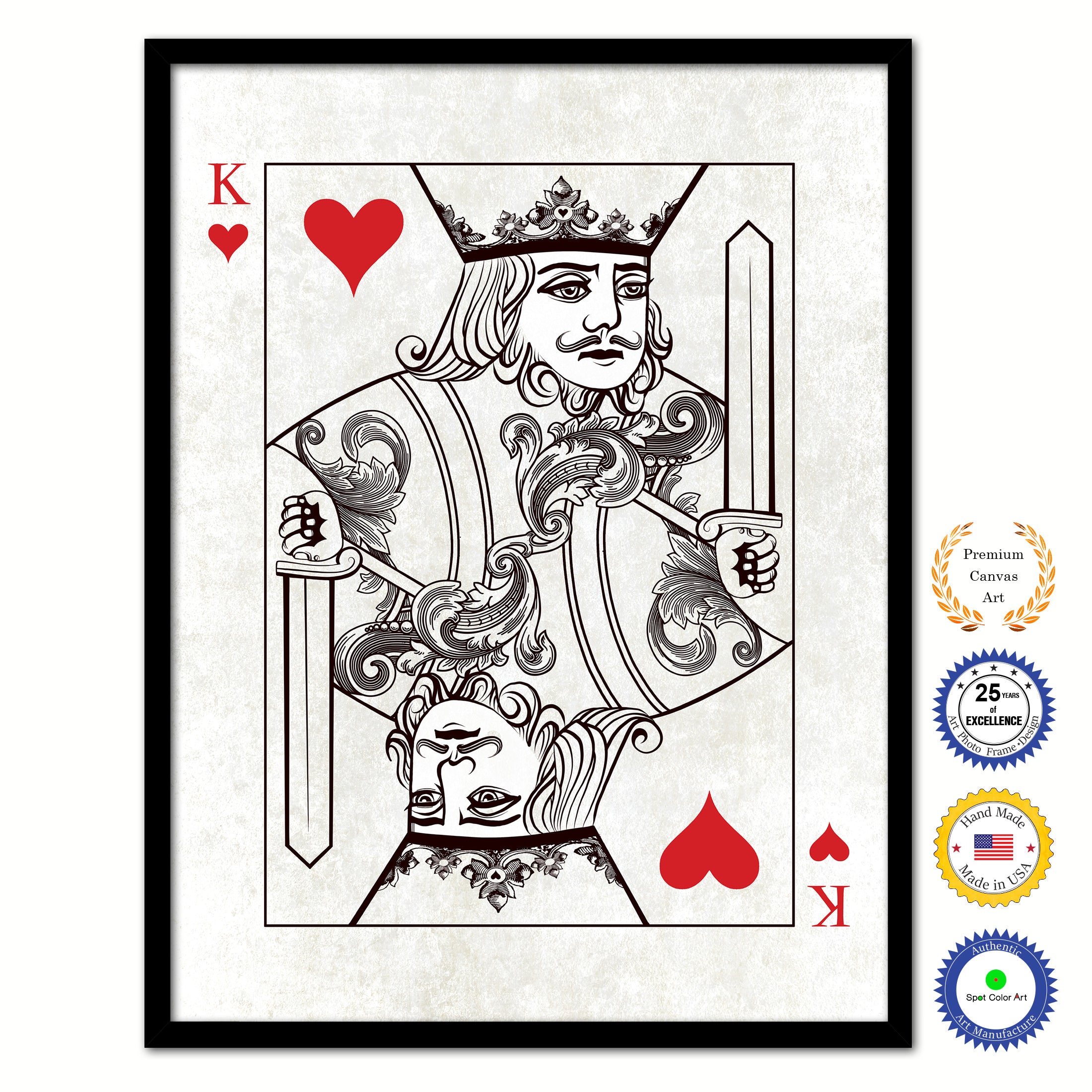 King Heart Poker Decks of Vintage Cards Print on Canvas Black Custom Framed