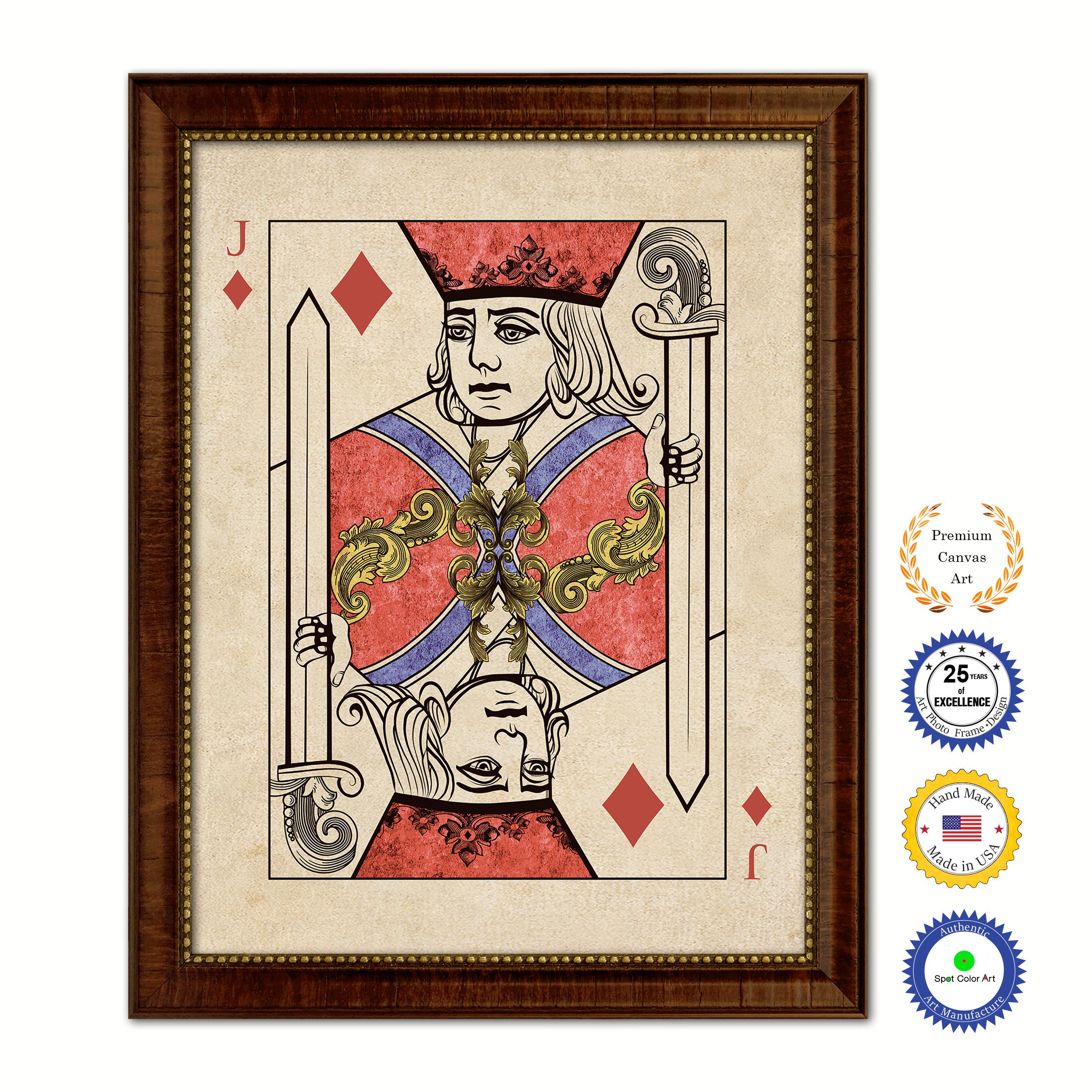 Jack Diamond Poker Decks of Vintage Cards Print on Canvas Brown Custom Framed