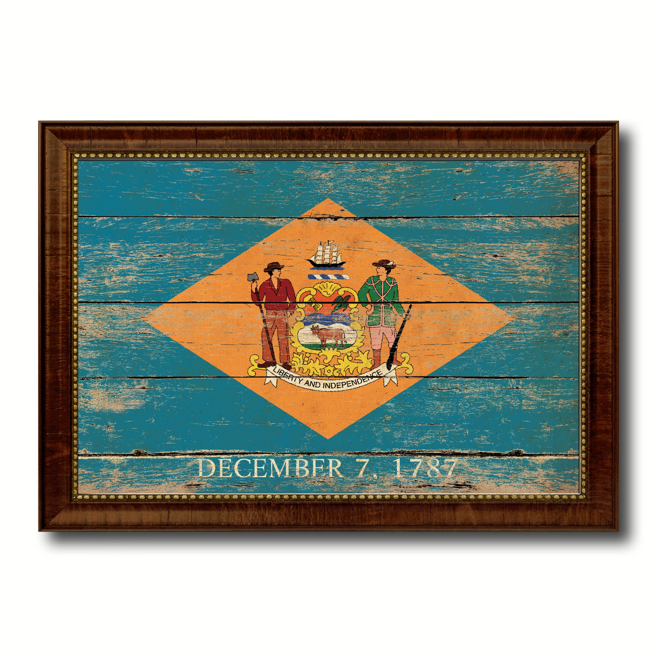 Delaware State Vintage Flag Canvas Print with Brown Picture Frame Home Decor Man Cave Wall Art Collectible Decoration Artwork Gifts