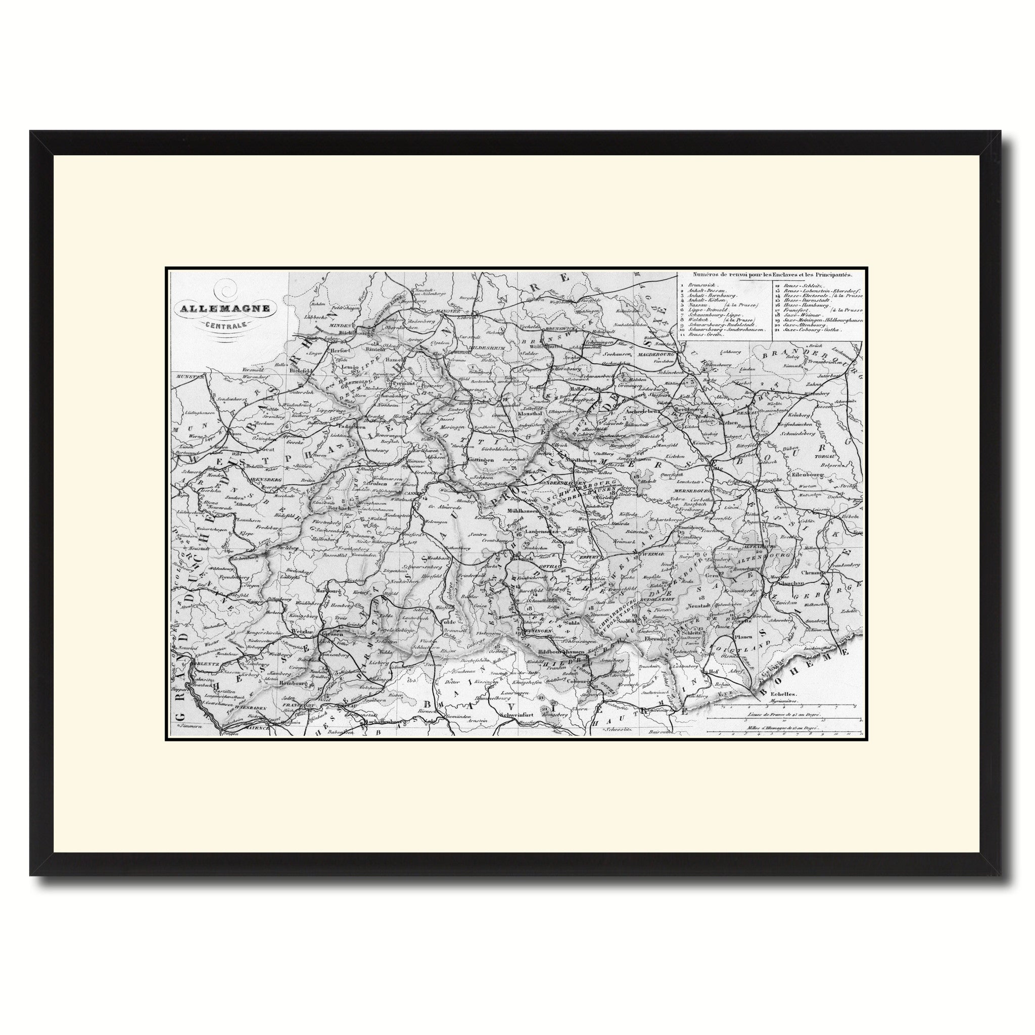 Central Germany Vintage B&W Map Canvas Print, Picture Frame Home Decor Wall Art Gift Ideas