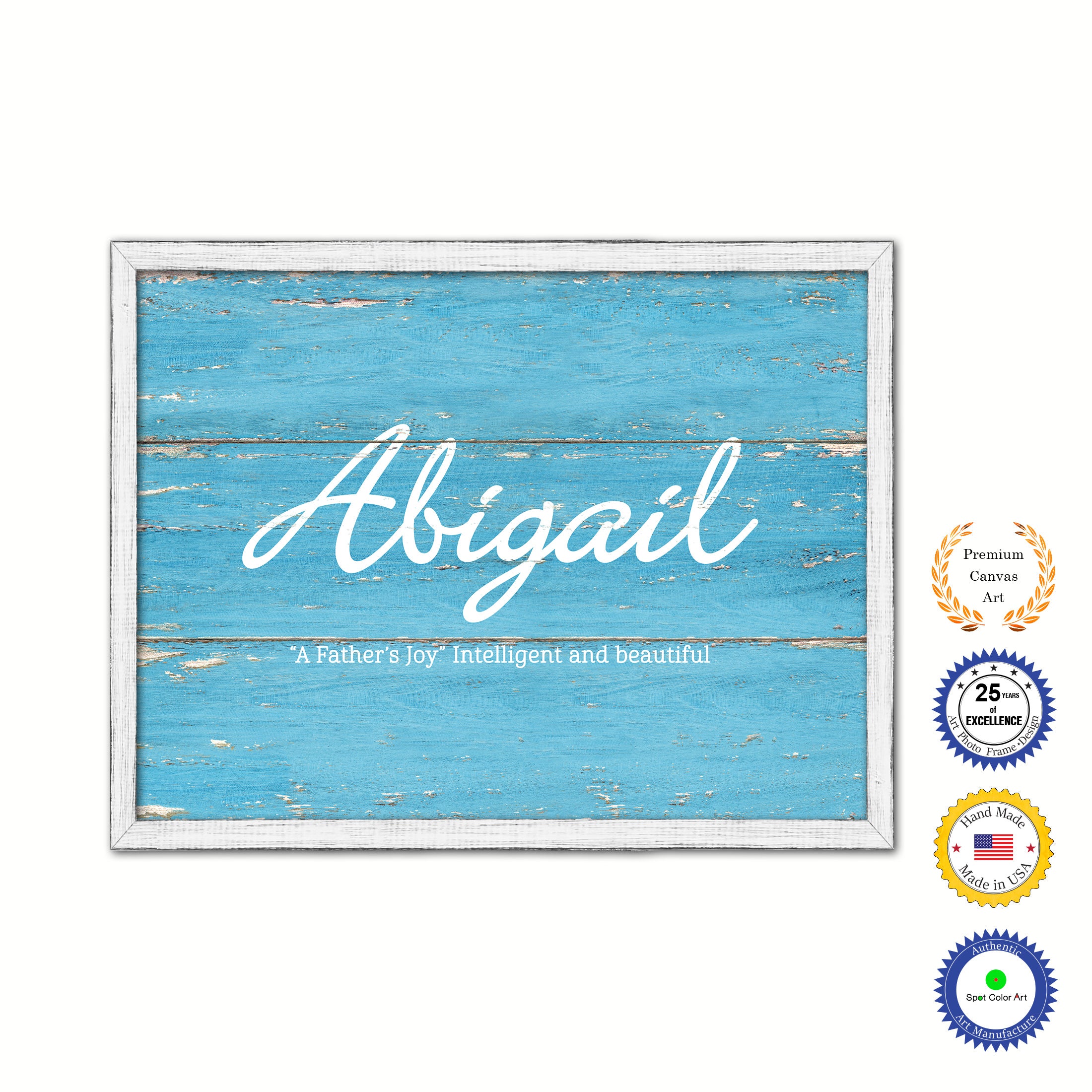 Abigail Name Plate White Wash Wood Frame Canvas Print Boutique Cottage Decor Shabby Chic