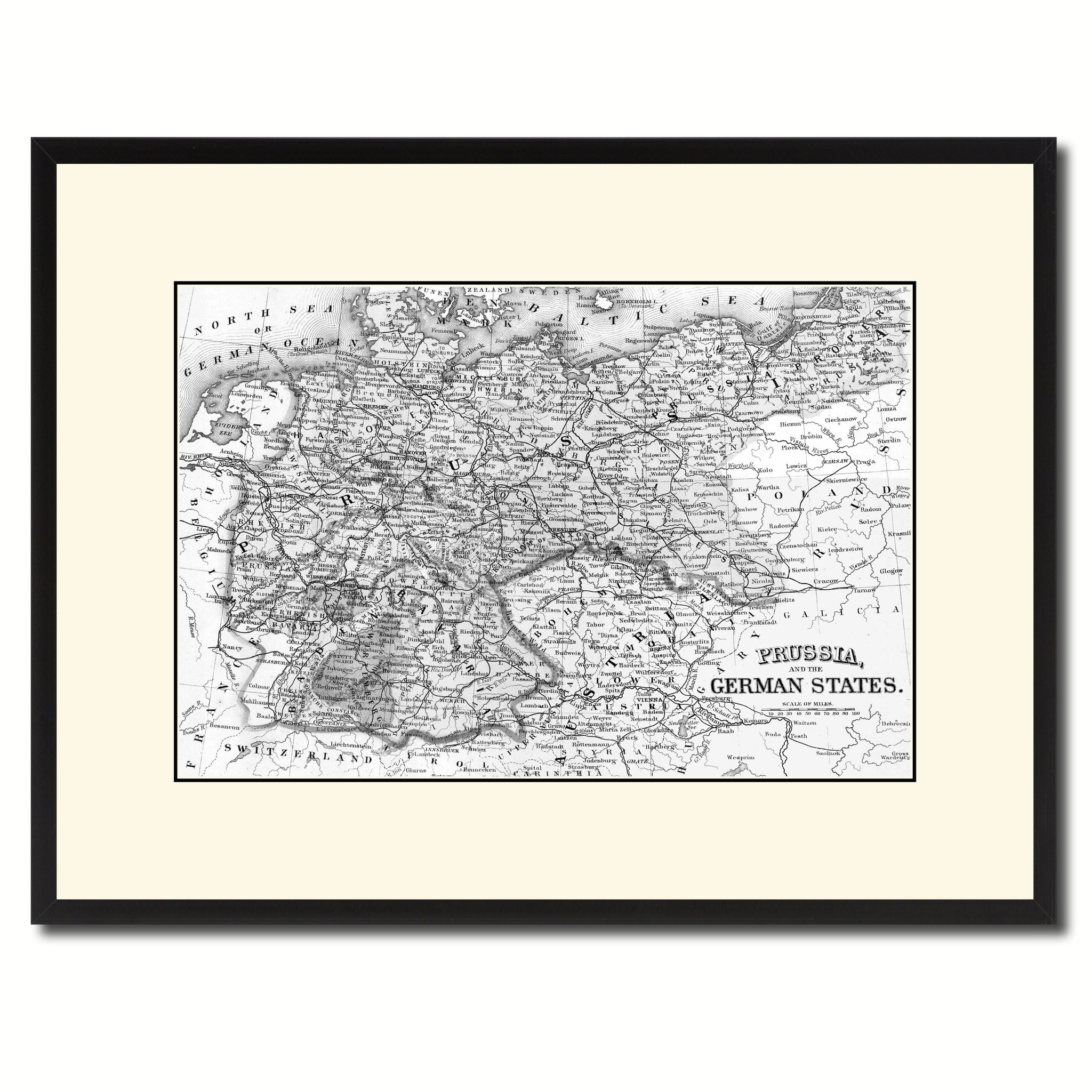 Prussia Germany Vintage B&W Map Canvas Print, Picture Frame Home Decor Wall Art Gift Ideas