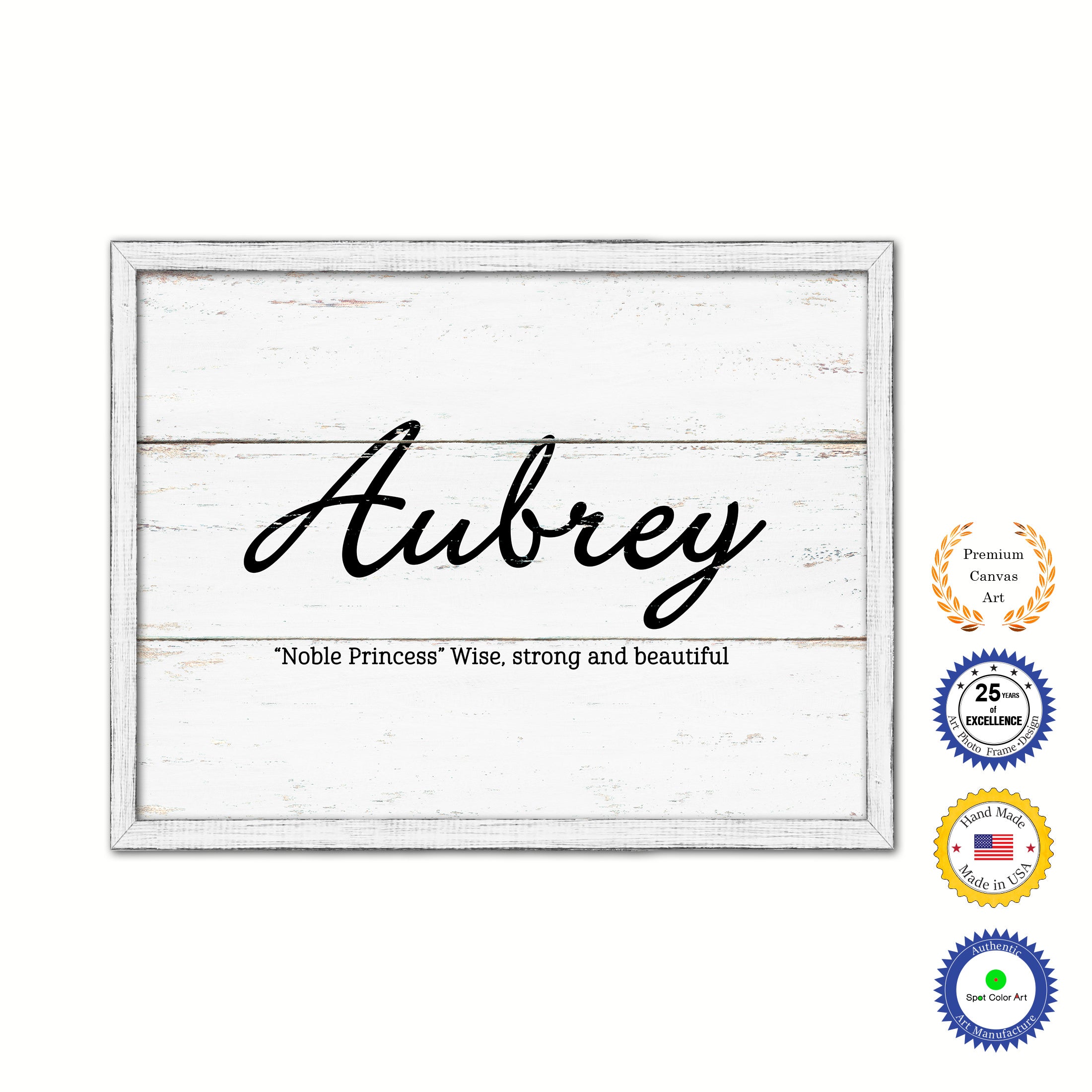Aubrey Name Plate White Wash Wood Frame Canvas Print Boutique Cottage Decor Shabby Chic