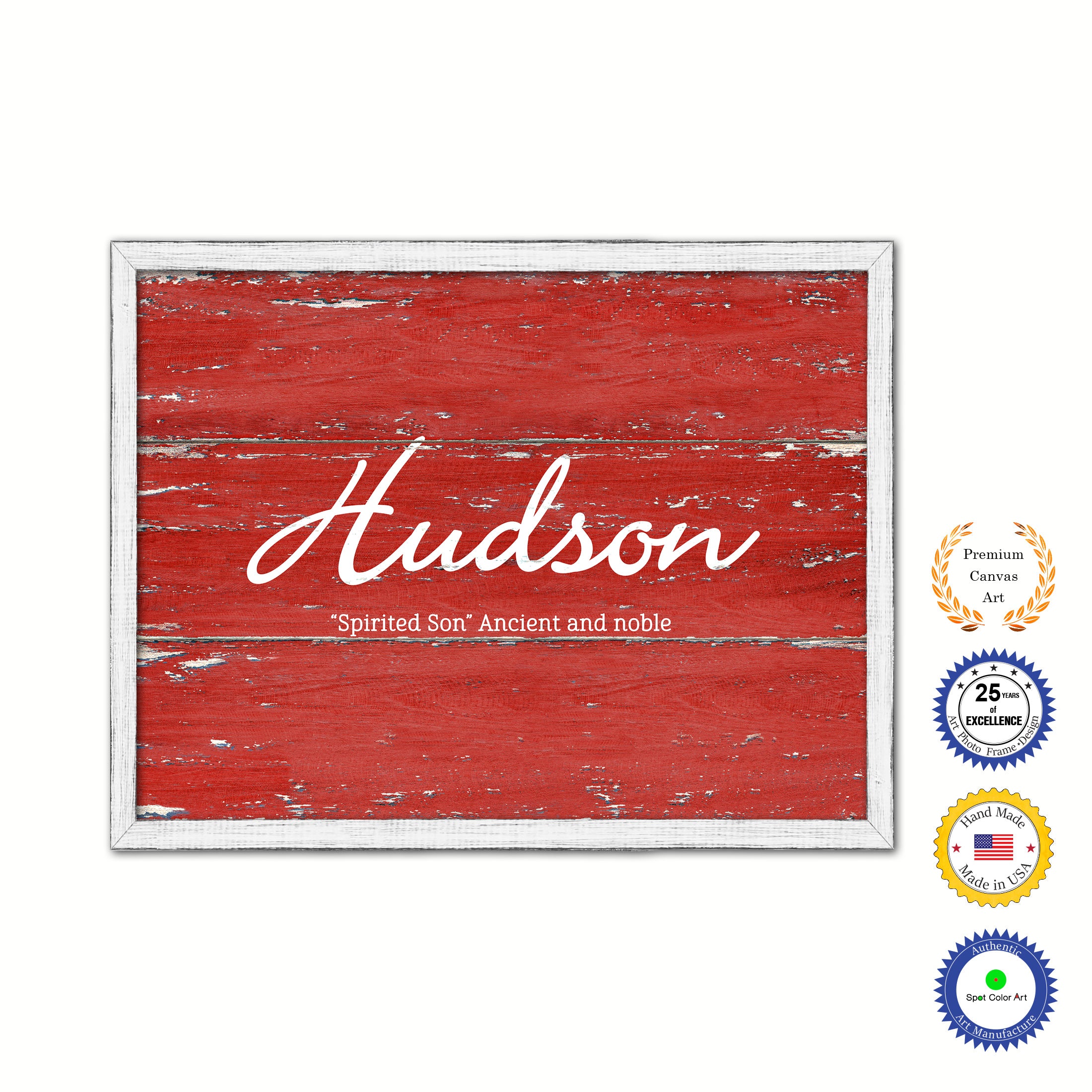 Hudson Name Plate White Wash Wood Frame Canvas Print Boutique Cottage Decor Shabby Chic