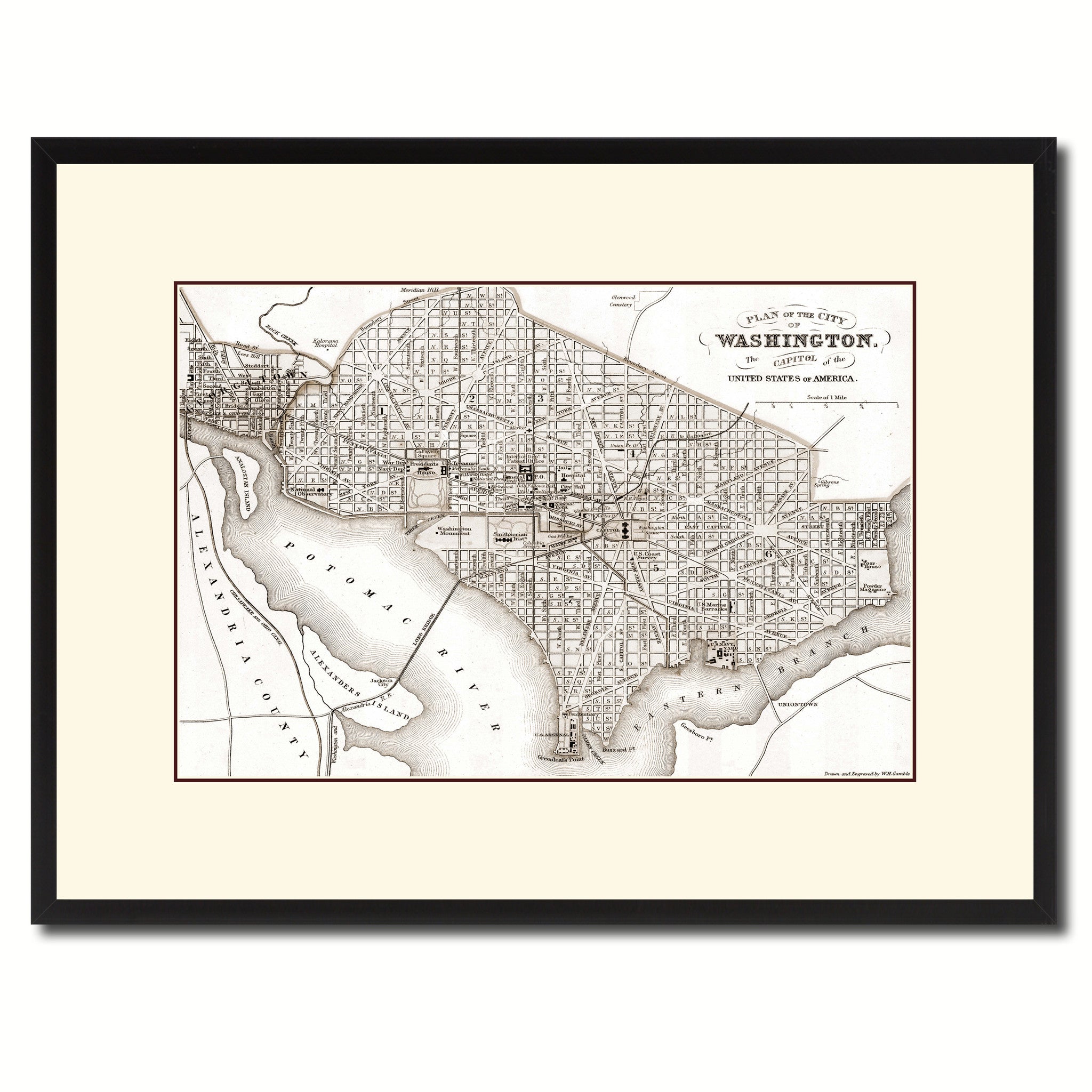 Washington DC Vintage Sepia Map Canvas Print, Picture Frame Gifts Home Decor Wall Art Decoration