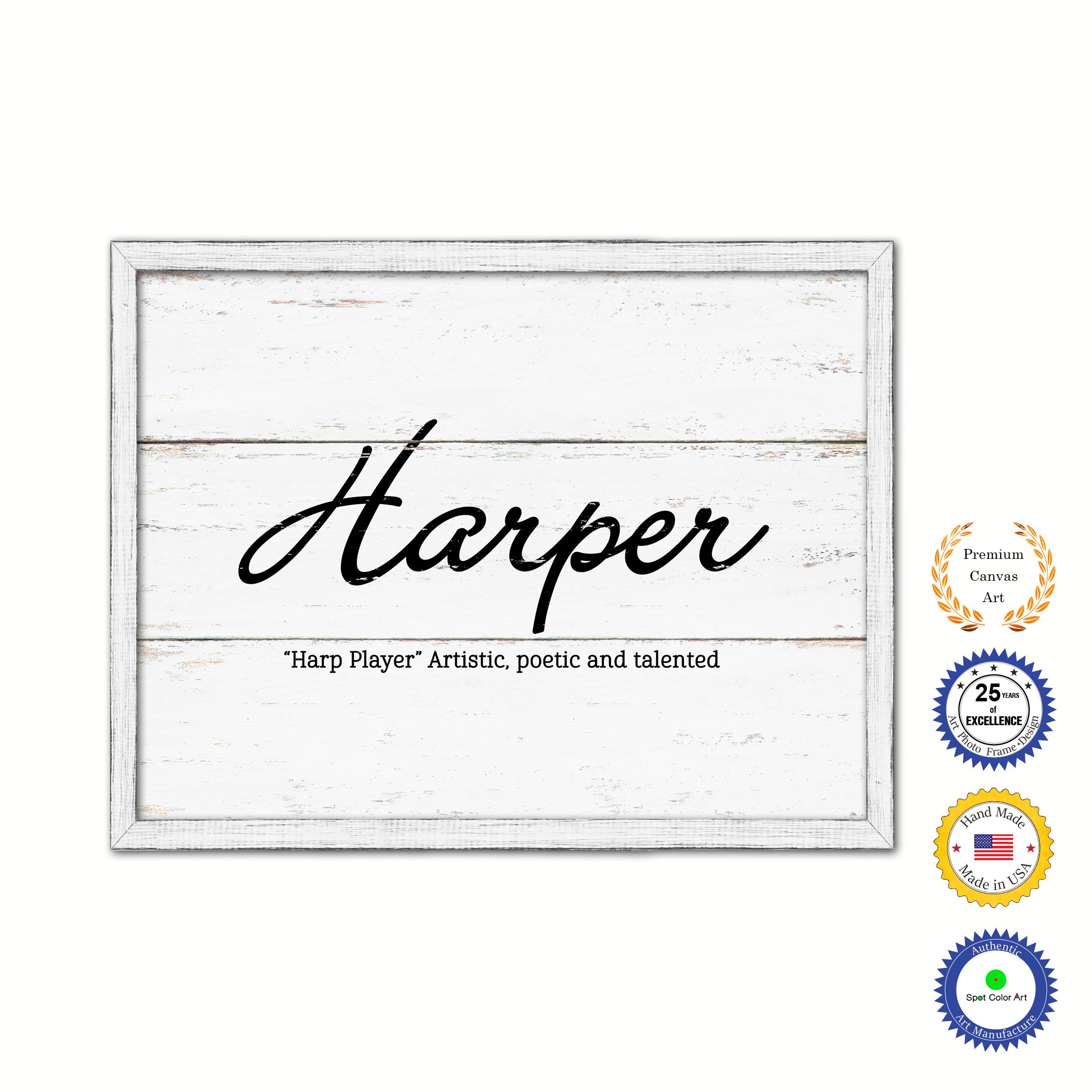 Harper Name Plate White Wash Wood Frame Canvas Print Boutique Cottage Decor Shabby Chic