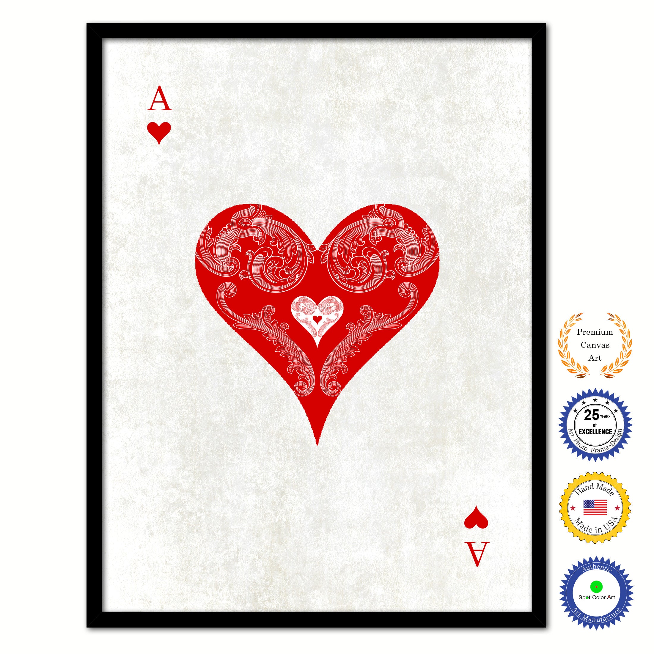 Ace Heart Poker Decks of Vintage Cards Print on Canvas Black Custom Framed