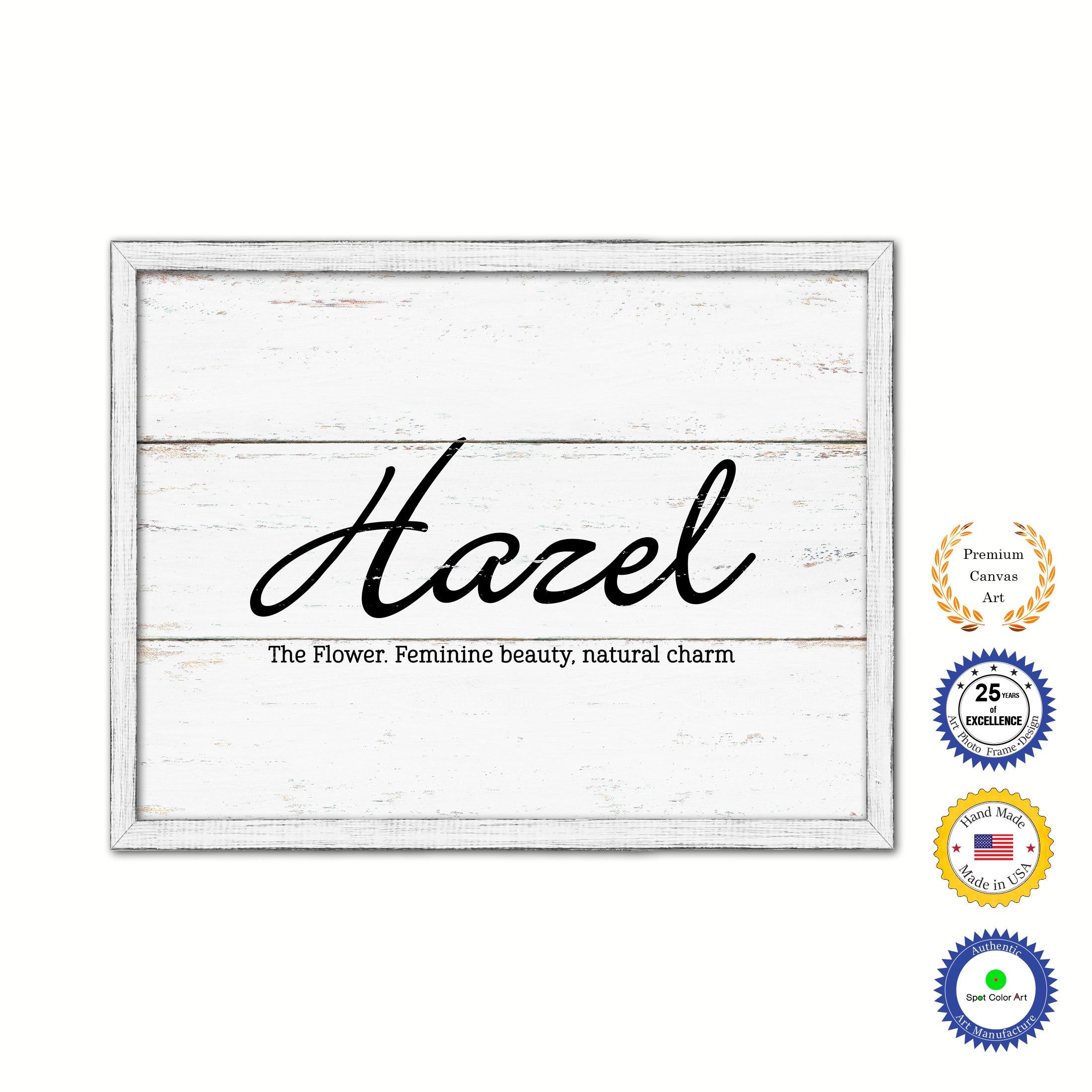Hazel Name Plate White Wash Wood Frame Canvas Print Boutique Cottage Decor Shabby Chic