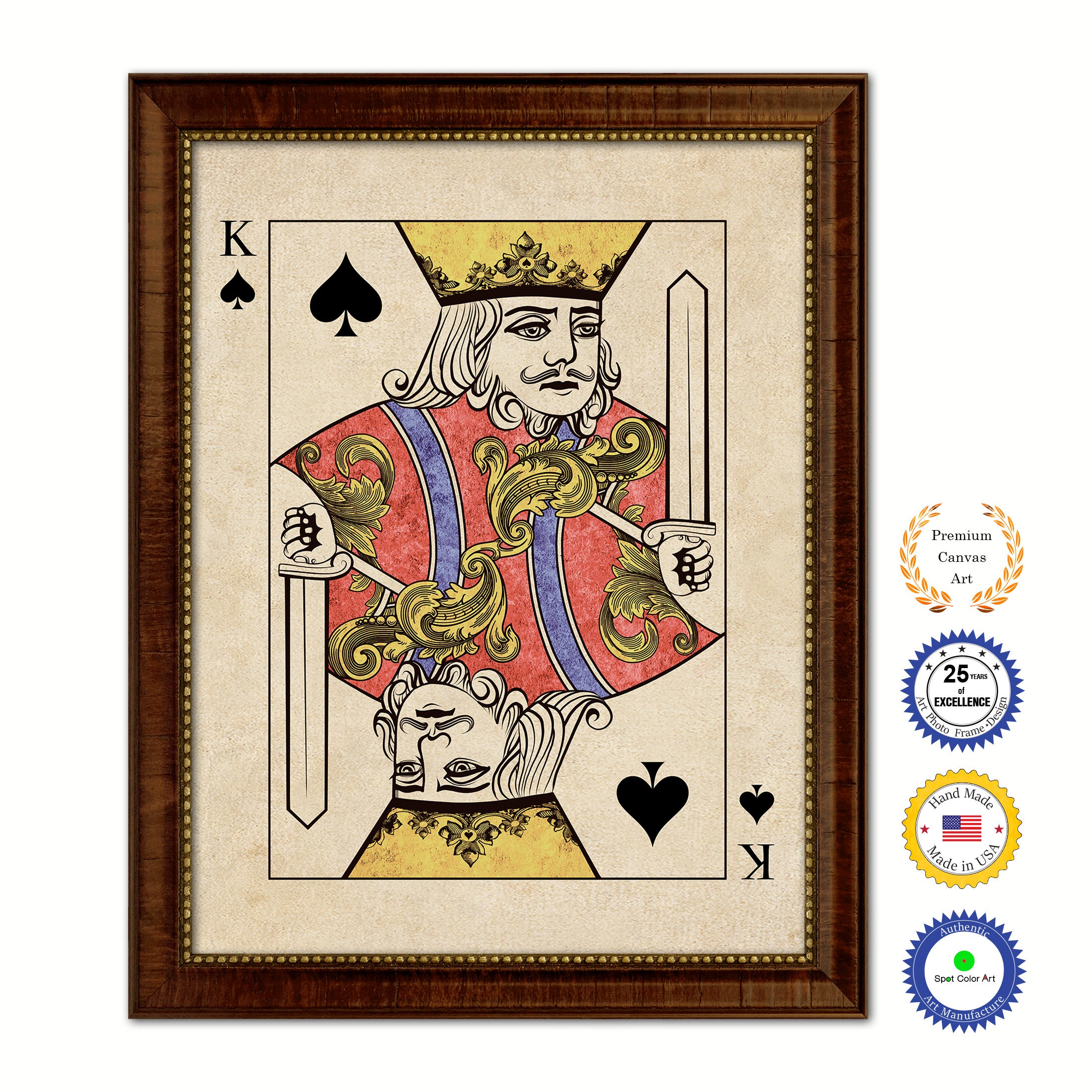 King Spades Poker Decks of Vintage Cards Print on Canvas Brown Custom Framed