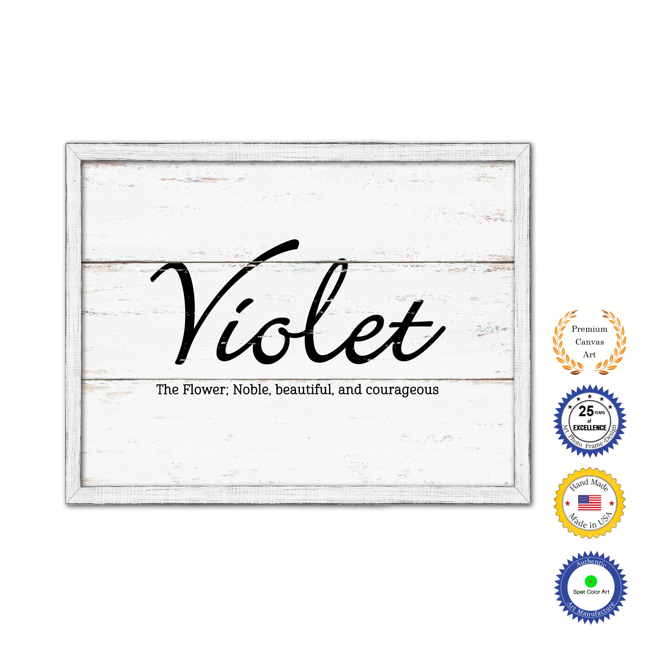Violet Name Plate White Wash Wood Frame Canvas Print Boutique Cottage Decor Shabby Chic