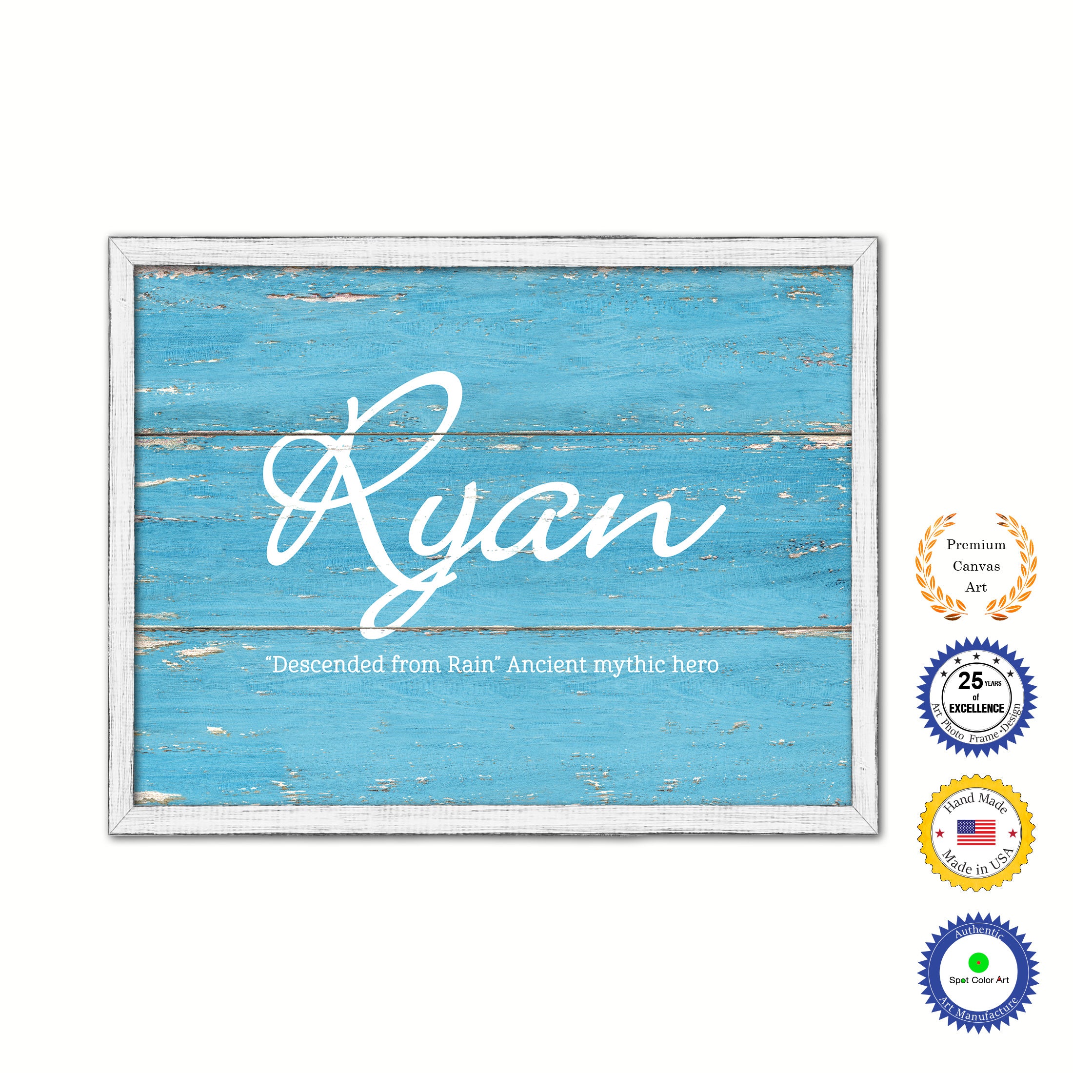 Ryan Name Plate White Wash Wood Frame Canvas Print Boutique Cottage Decor Shabby Chic