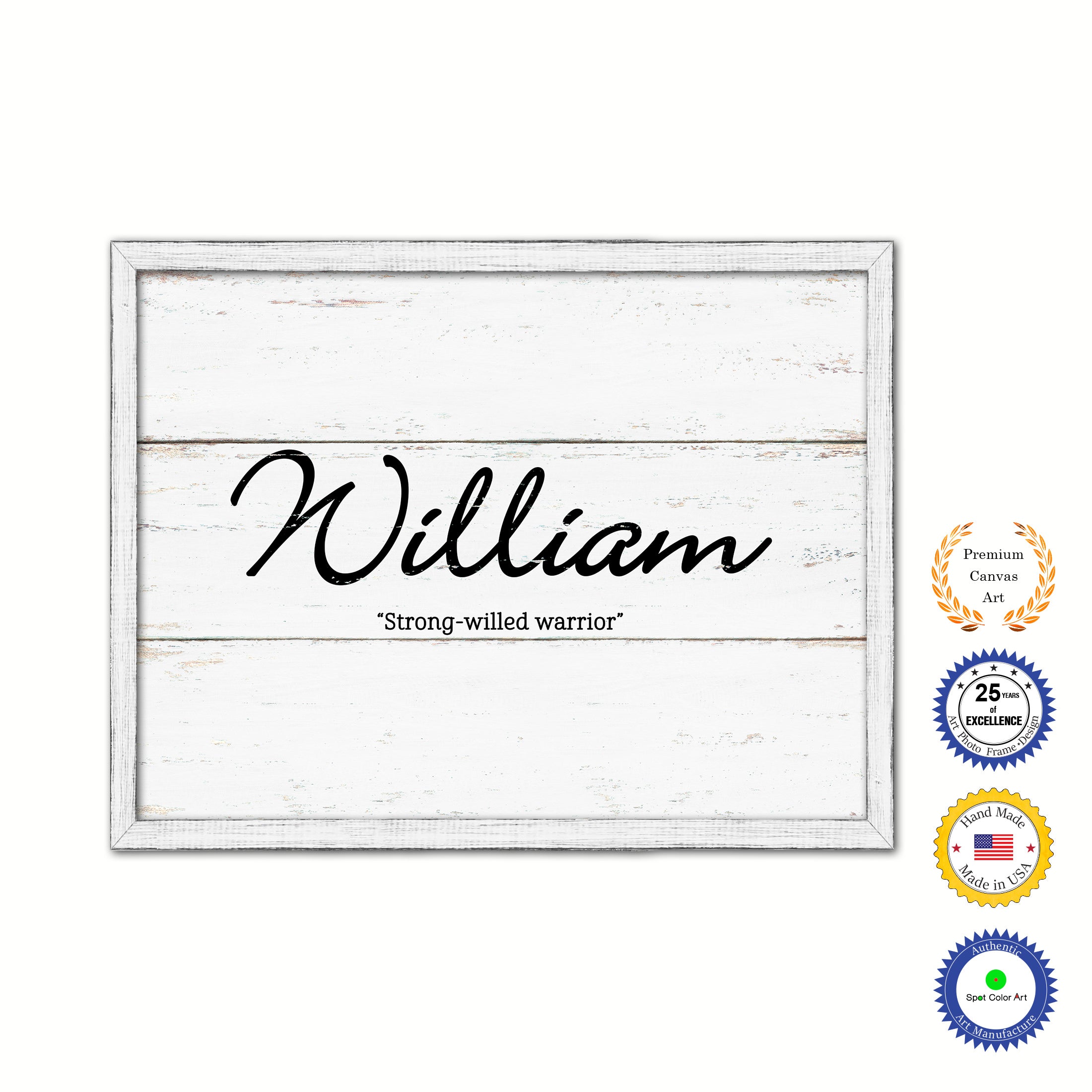 William Name Plate White Wash Wood Frame Canvas Print Boutique Cottage Decor Shabby Chic