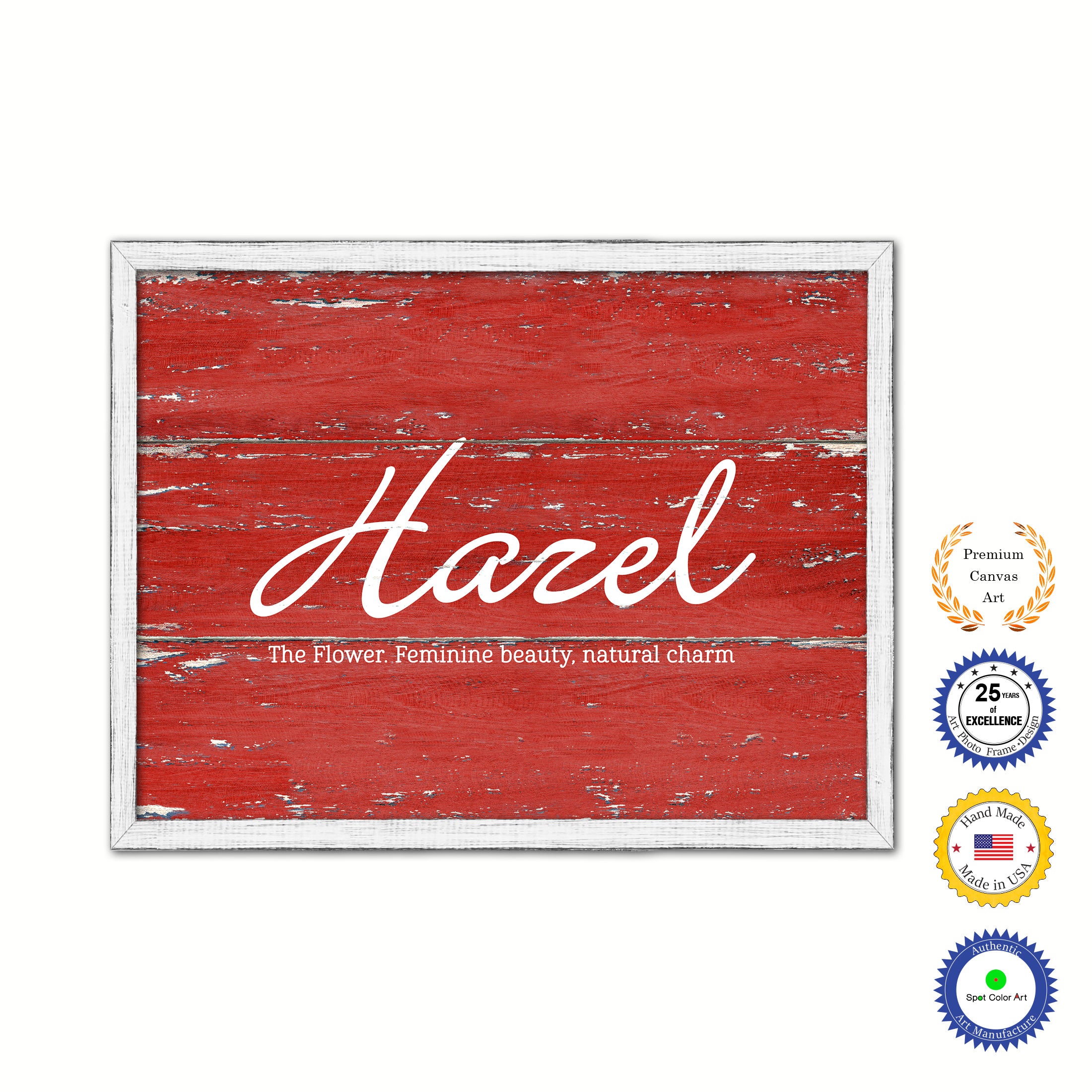 Hazel Name Plate White Wash Wood Frame Canvas Print Boutique Cottage Decor Shabby Chic