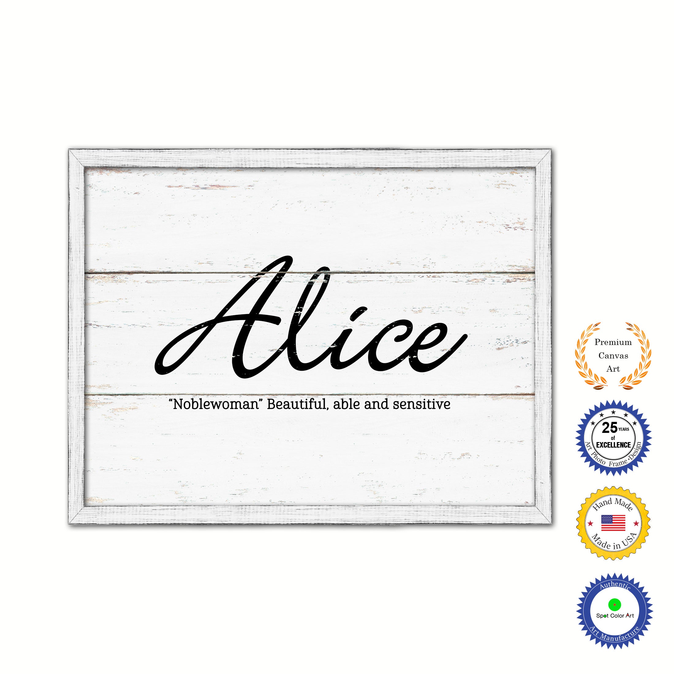 Alice Name Plate White Wash Wood Frame Canvas Print Boutique Cottage Decor Shabby Chic