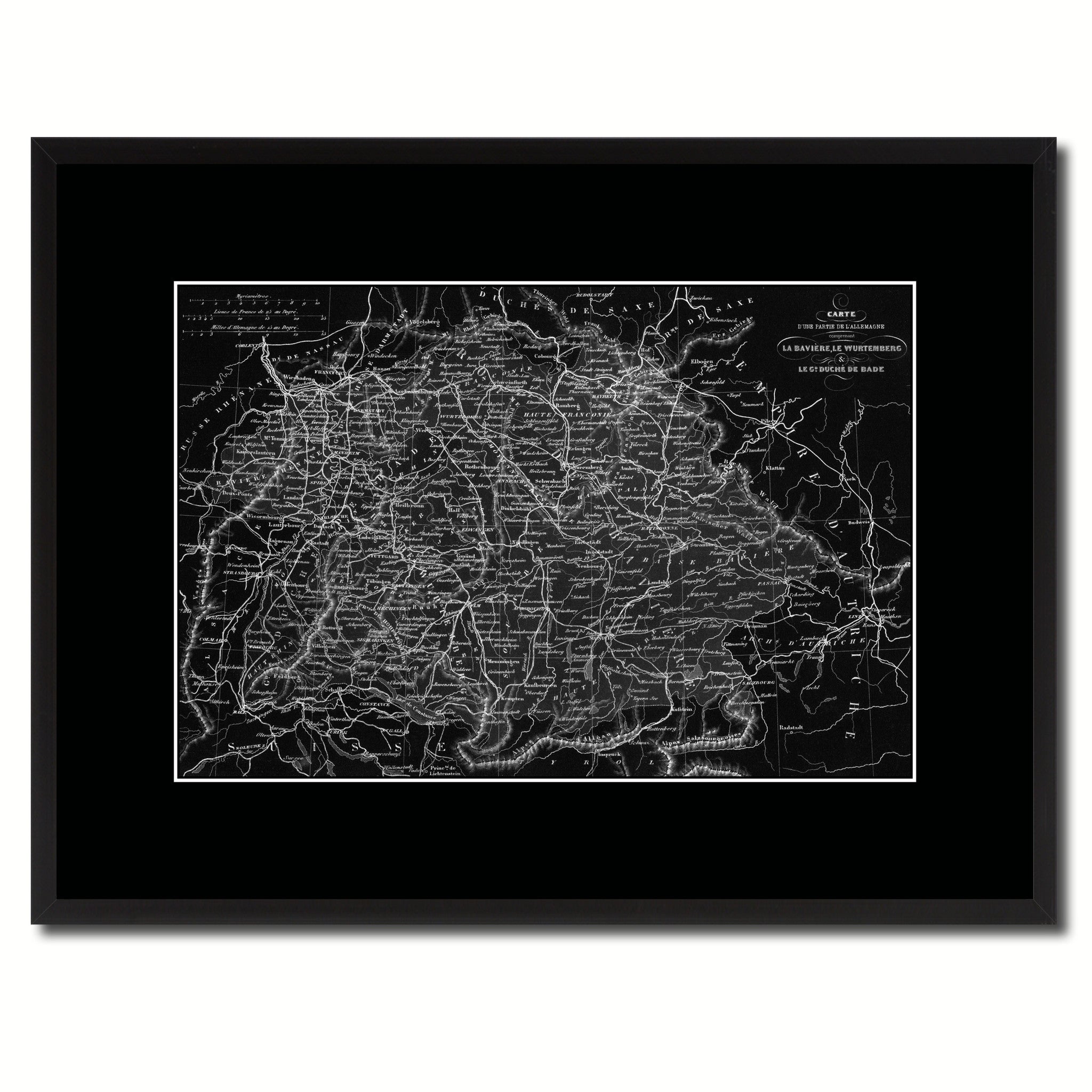 Southern Germany: Bavaria Wurttemberg Hesse Vintage Monochrome Map Canvas Print, Gifts Picture Frames Home Decor Wall Art