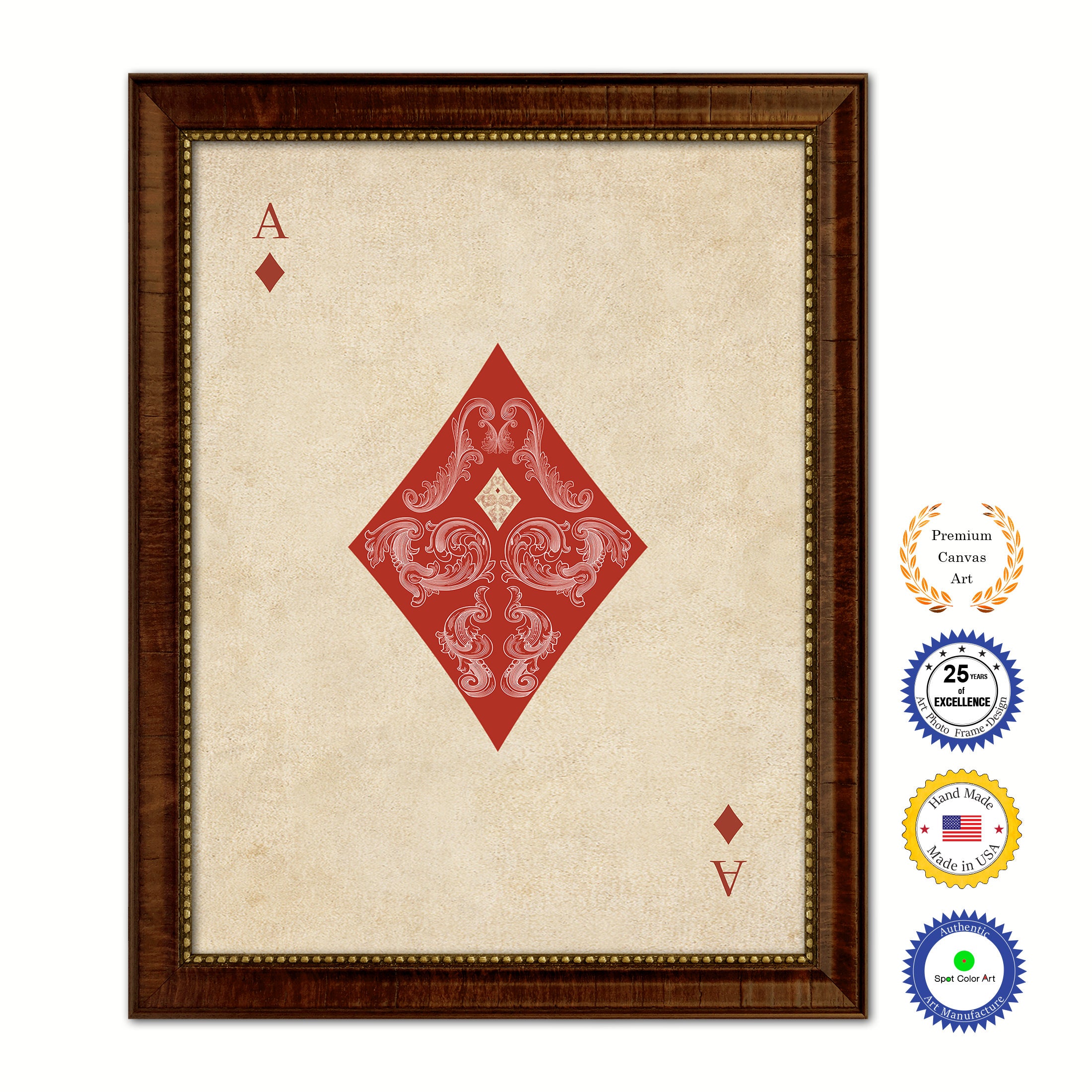 Ace Diamond Poker Decks of Vintage Cards Print on Canvas Brown Custom Framed
