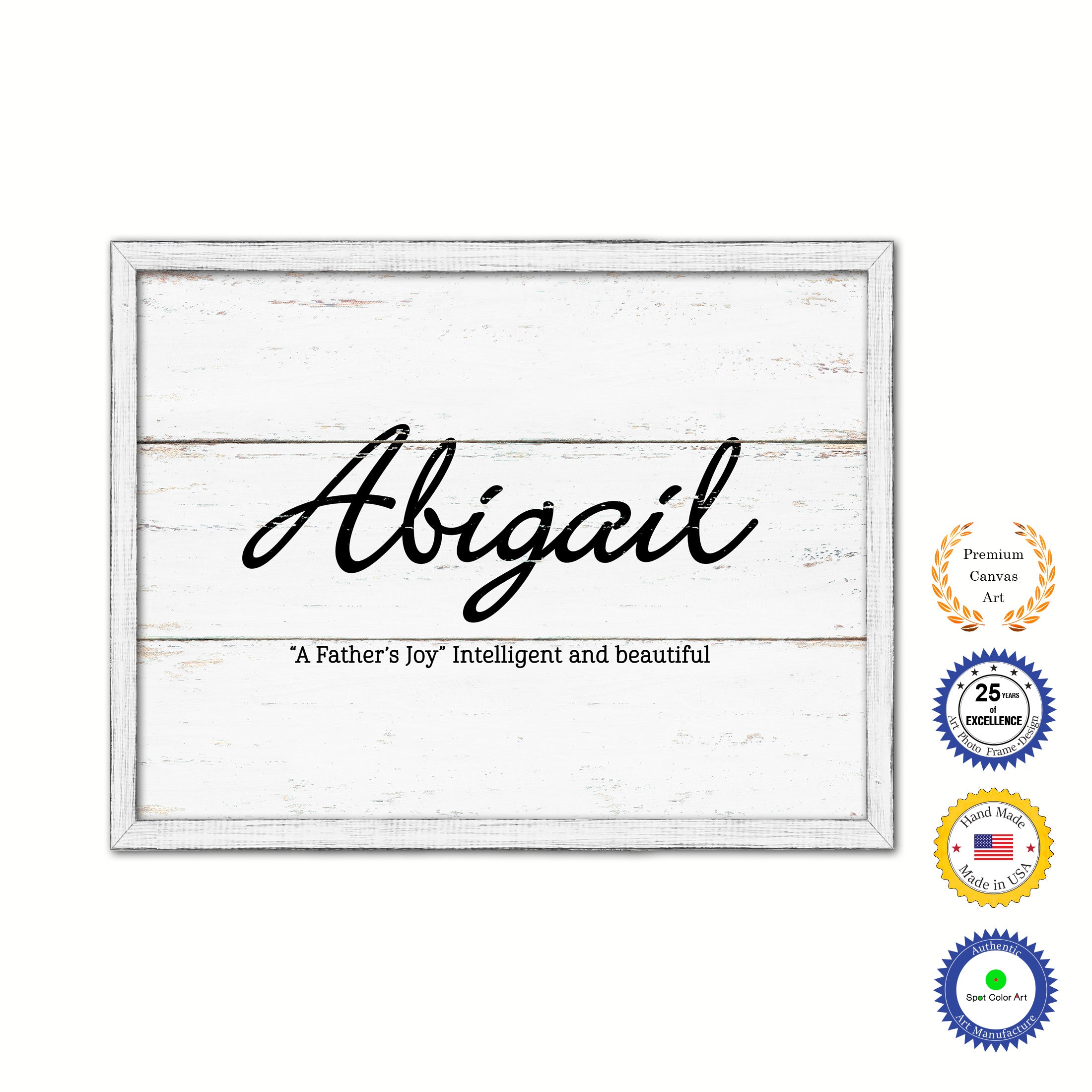 Abigail Name Plate White Wash Wood Frame Canvas Print Boutique Cottage Decor Shabby Chic