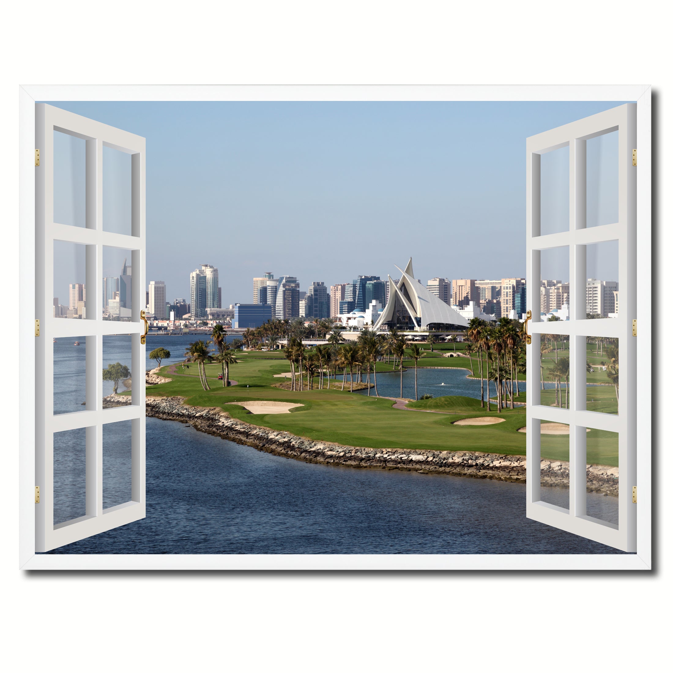 Dubai Creek Golf Course Picture French Window Framed Canvas Print Home Decor Wall Art Collection