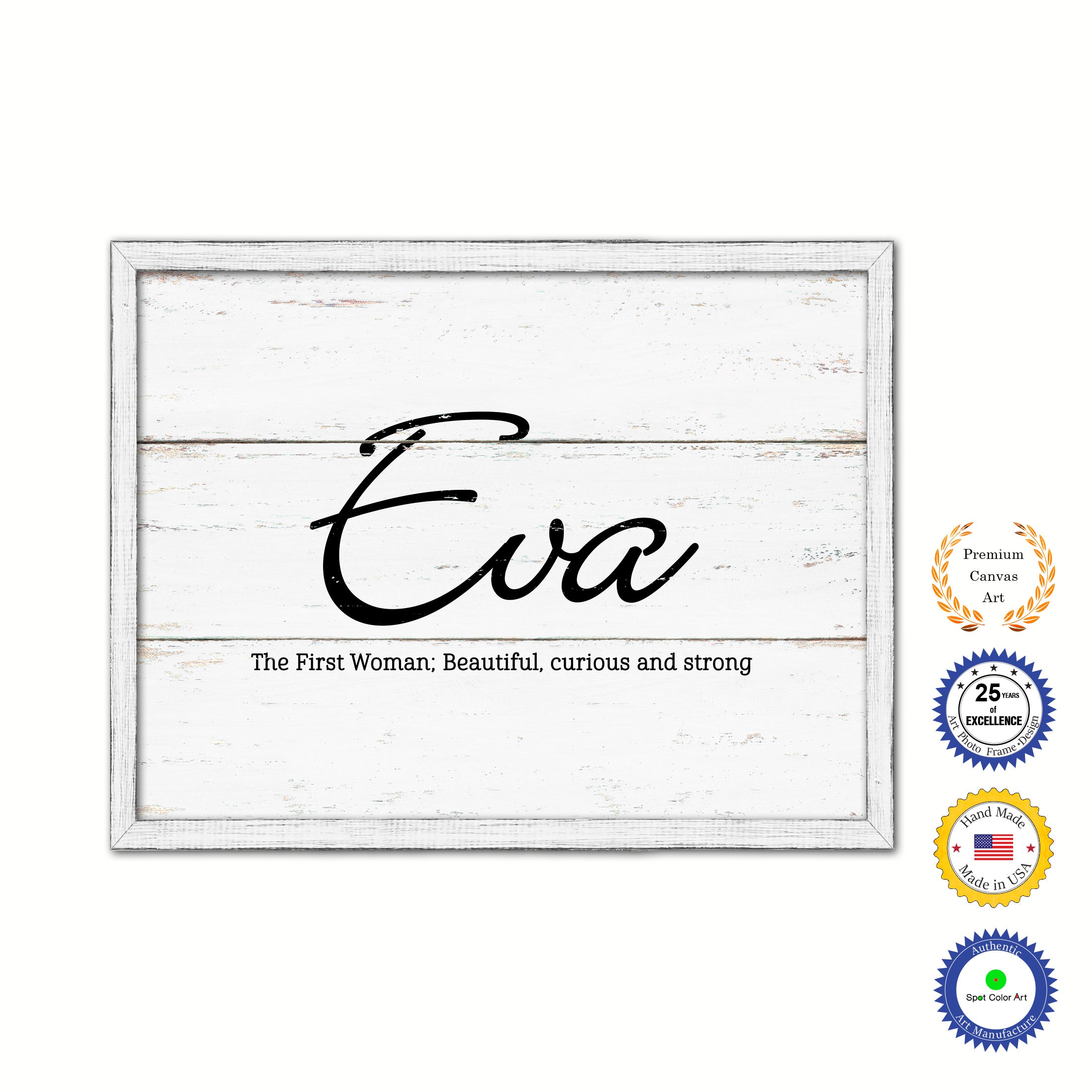 Eva Name Plate White Wash Wood Frame Canvas Print Boutique Cottage Decor Shabby Chic