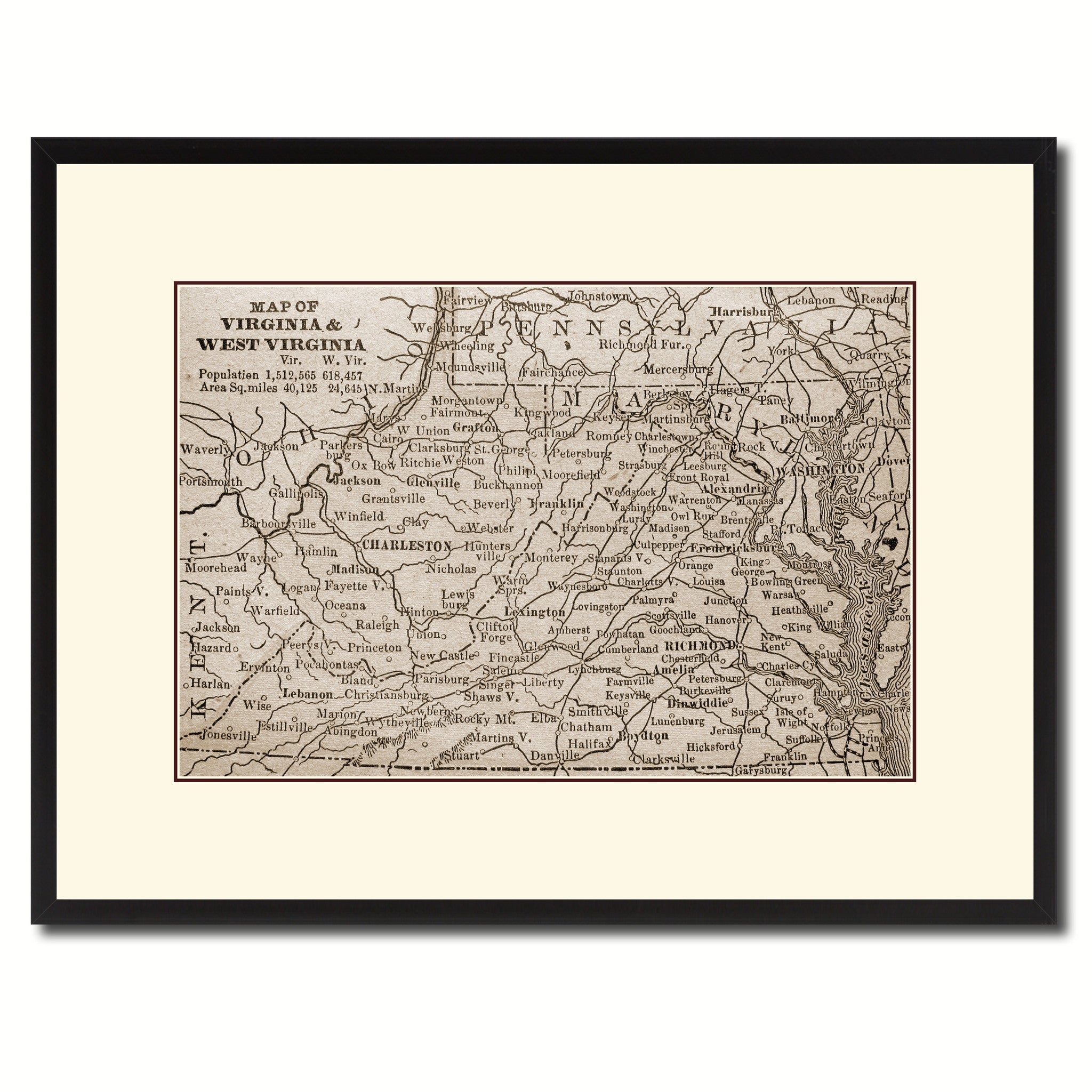West Virginia Vintage Sepia Map Canvas Print, Picture Frame Gifts Home Decor Wall Art Decoration