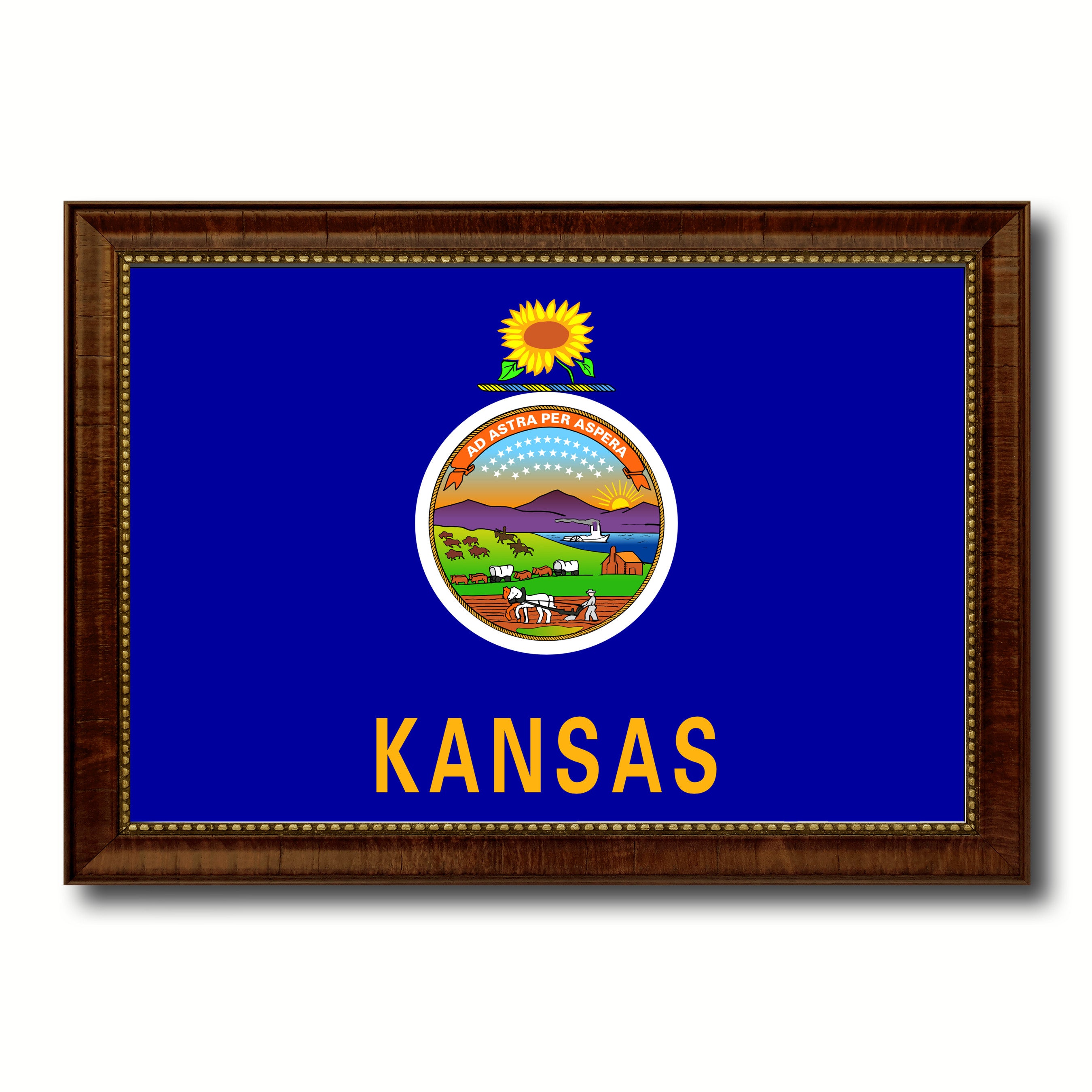 Kansas State Flag Canvas Print with Custom Brown Picture Frame Home Decor Wall Art Decoration Gifts