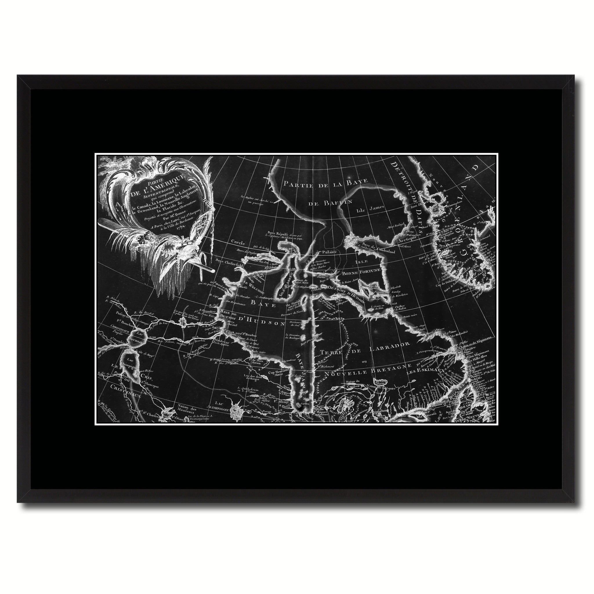 North East Canada & Greenland Vintage Monochrome Map Canvas Print, Gifts Picture Frames Home Decor Wall Art