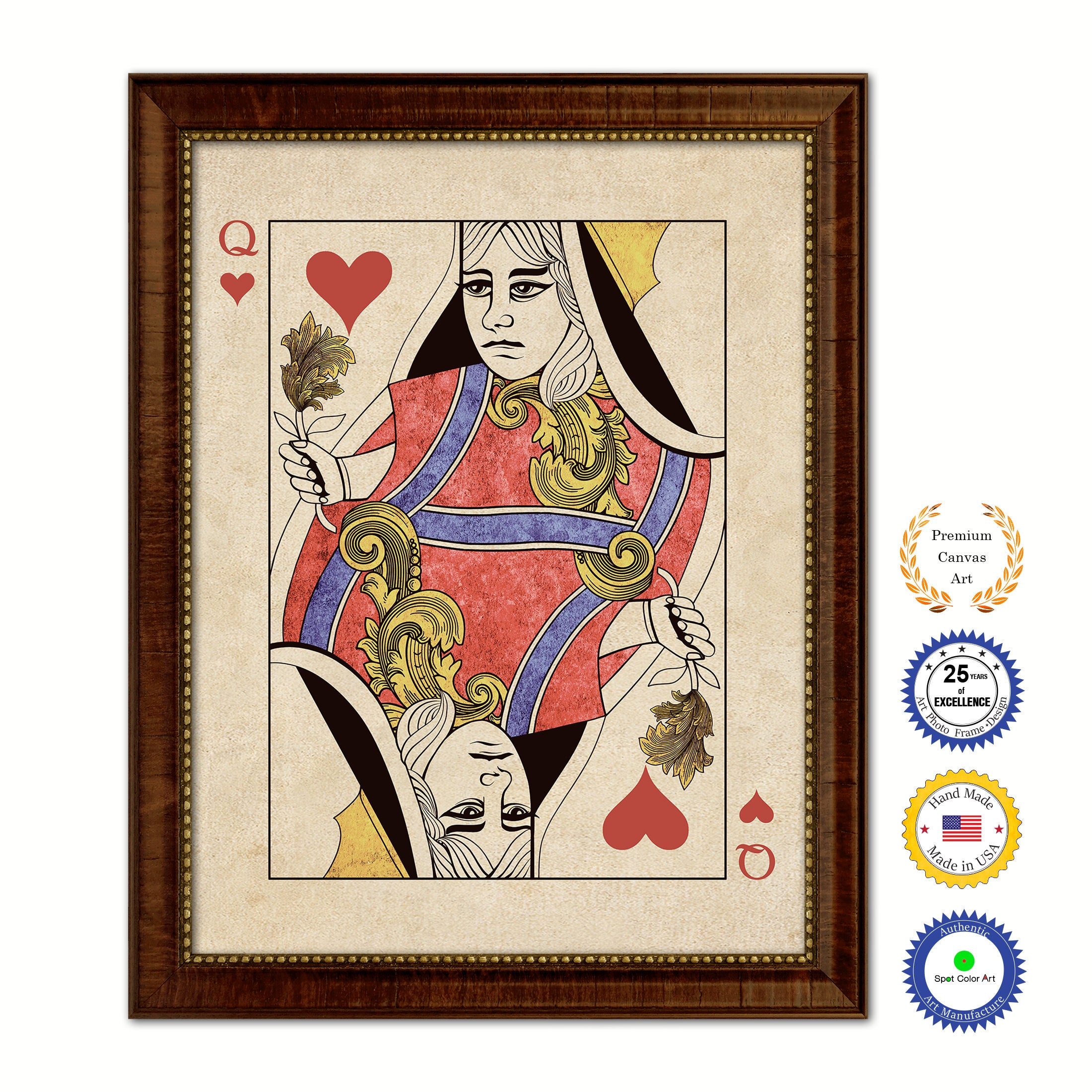 Queen Heart Poker Decks of Vintage Cards Print on Canvas Brown Custom Framed
