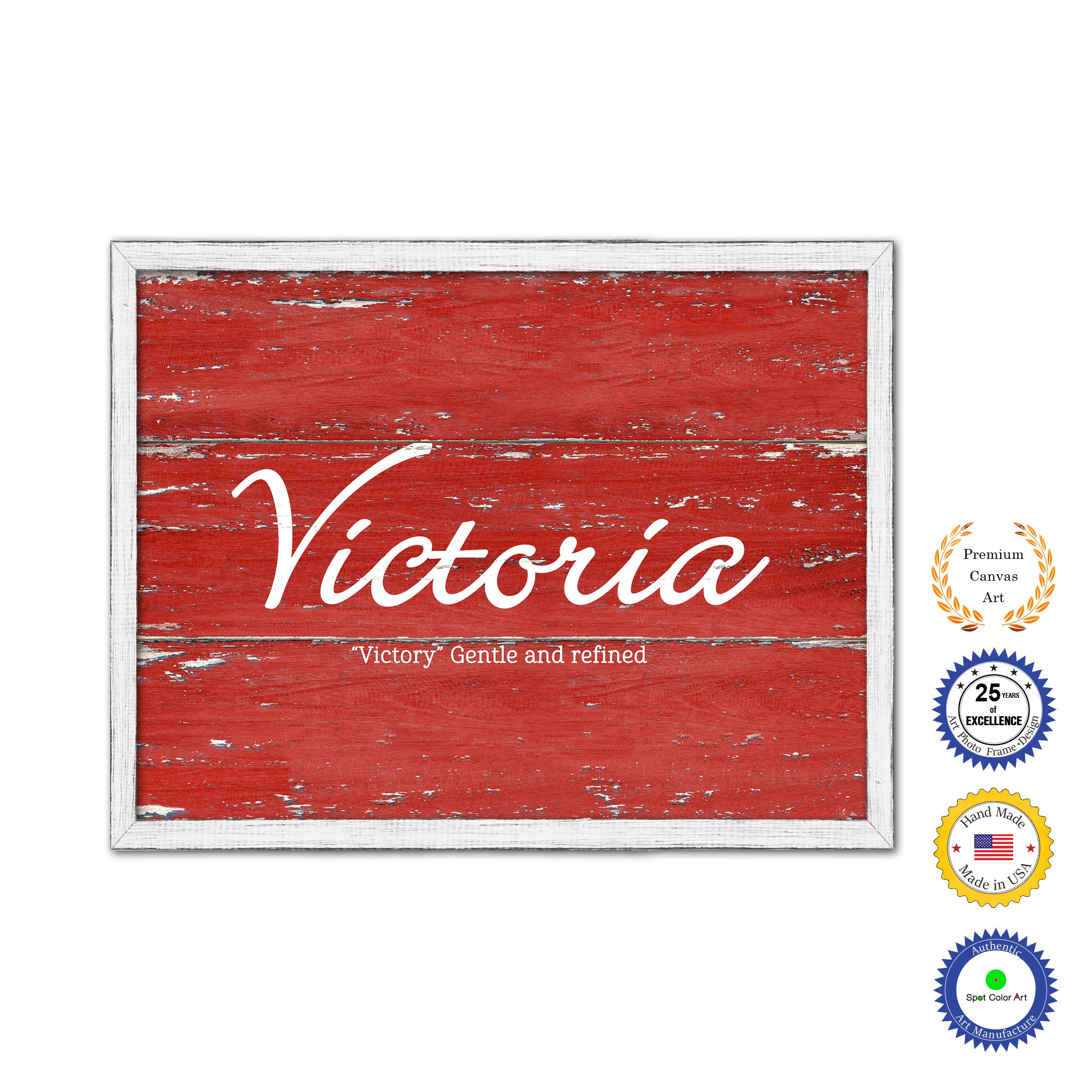 Victoria Name Plate White Wash Wood Frame Canvas Print Boutique Cottage Decor Shabby Chic