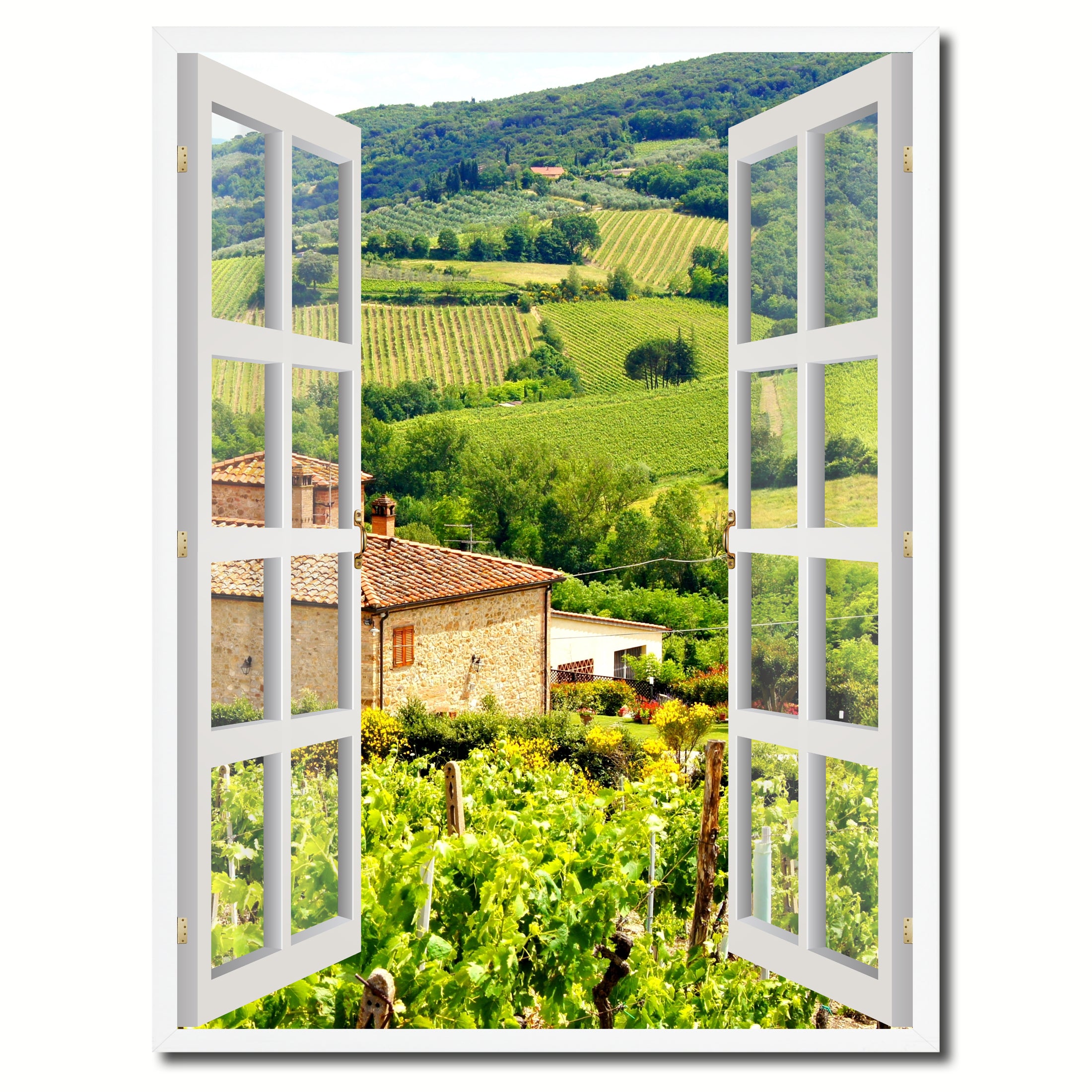 Wine Vineyards Tuscany Italy Picture French Window Canvas Print with Frame Gifts Home Decor Wall Art Collection