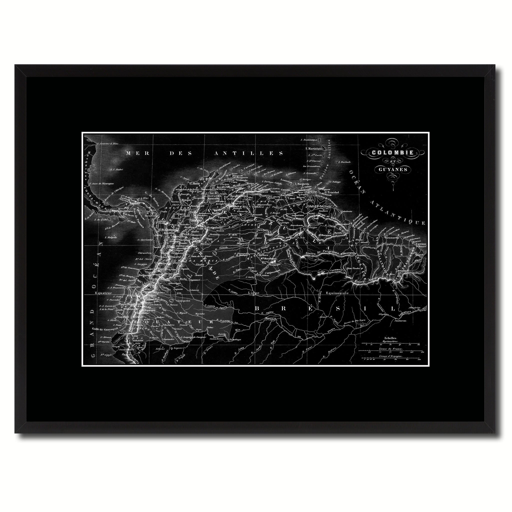Columbia Venezuela Guianna Vintage Monochrome Map Canvas Print, Gifts Picture Frames Home Decor Wall Art
