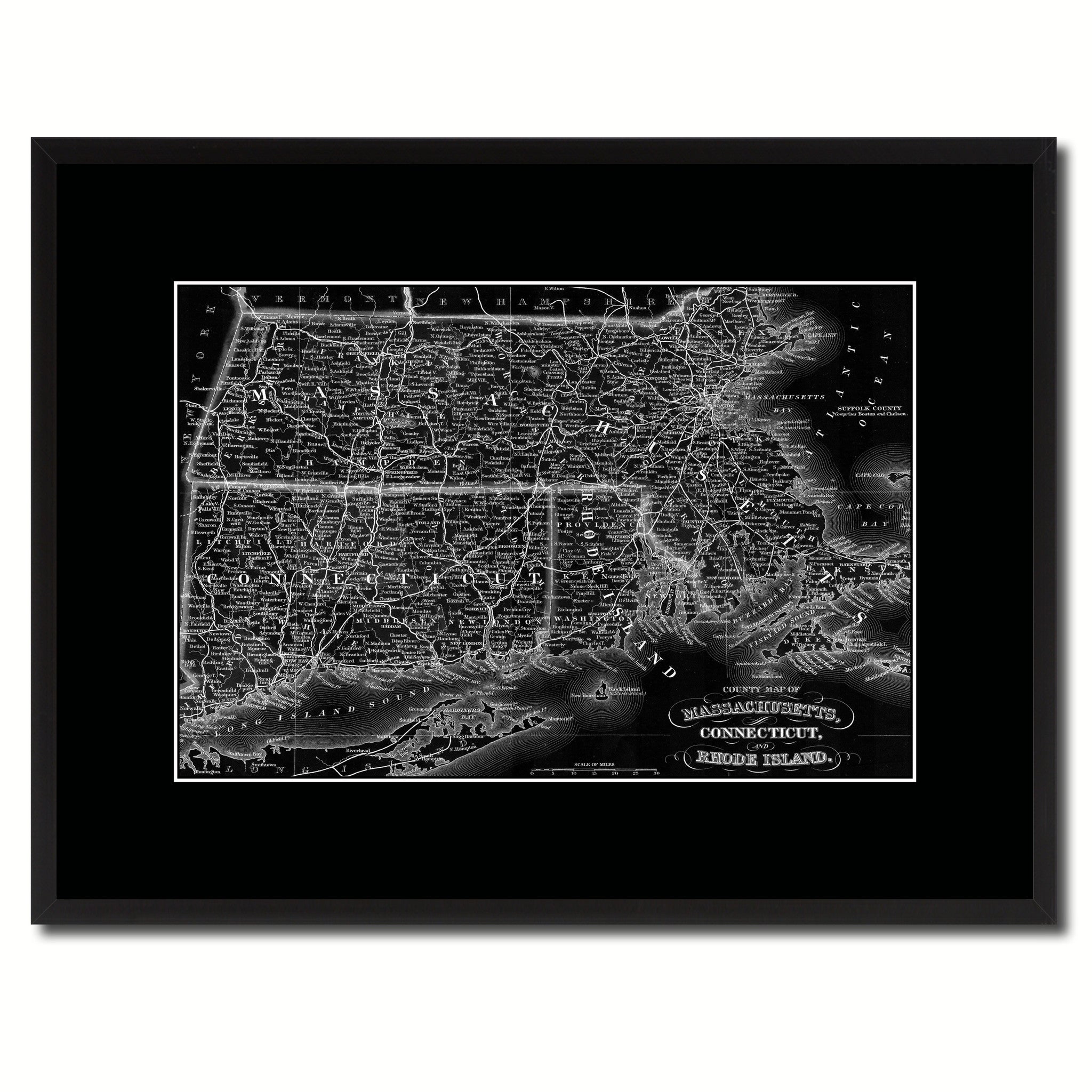 Massachusetts Connecticut Rhode Island Vintage Monochrome Map Canvas Print, Gifts Picture Frames Home Decor Wall Art