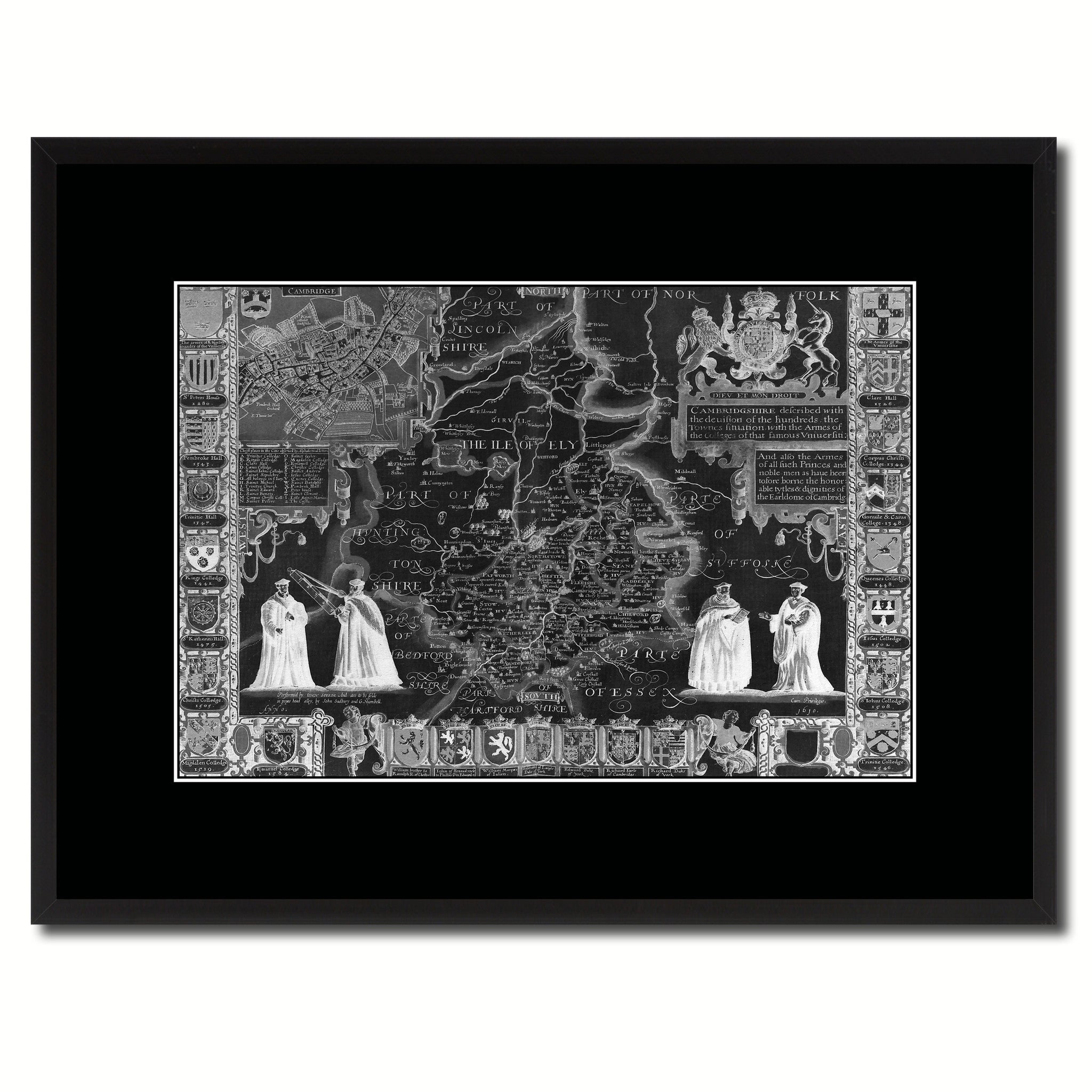 Cambridgeshire Vintage Monochrome Map Canvas Print, Gifts Picture Frames Home Decor Wall Art