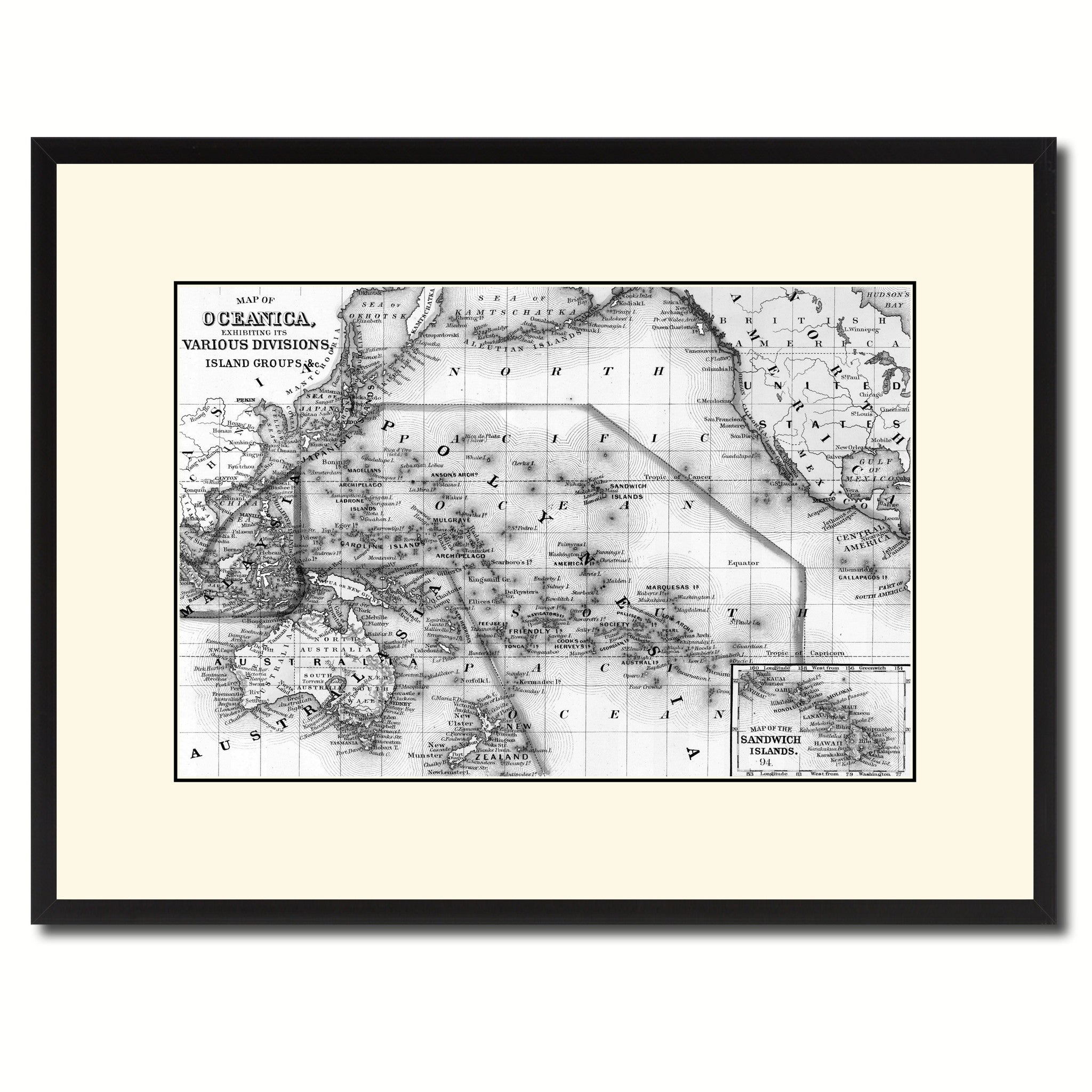 Oceania Vintage B&W Map Canvas Print, Picture Frame Home Decor Wall Art Gift Ideas