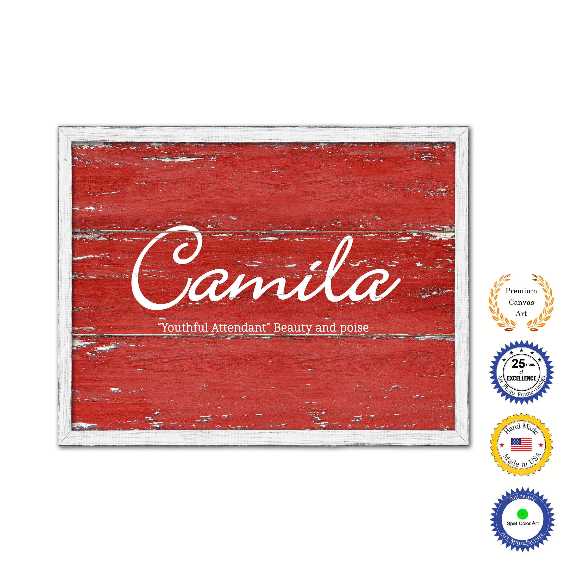 Camila Name Plate White Wash Wood Frame Canvas Print Boutique Cottage Decor Shabby Chic