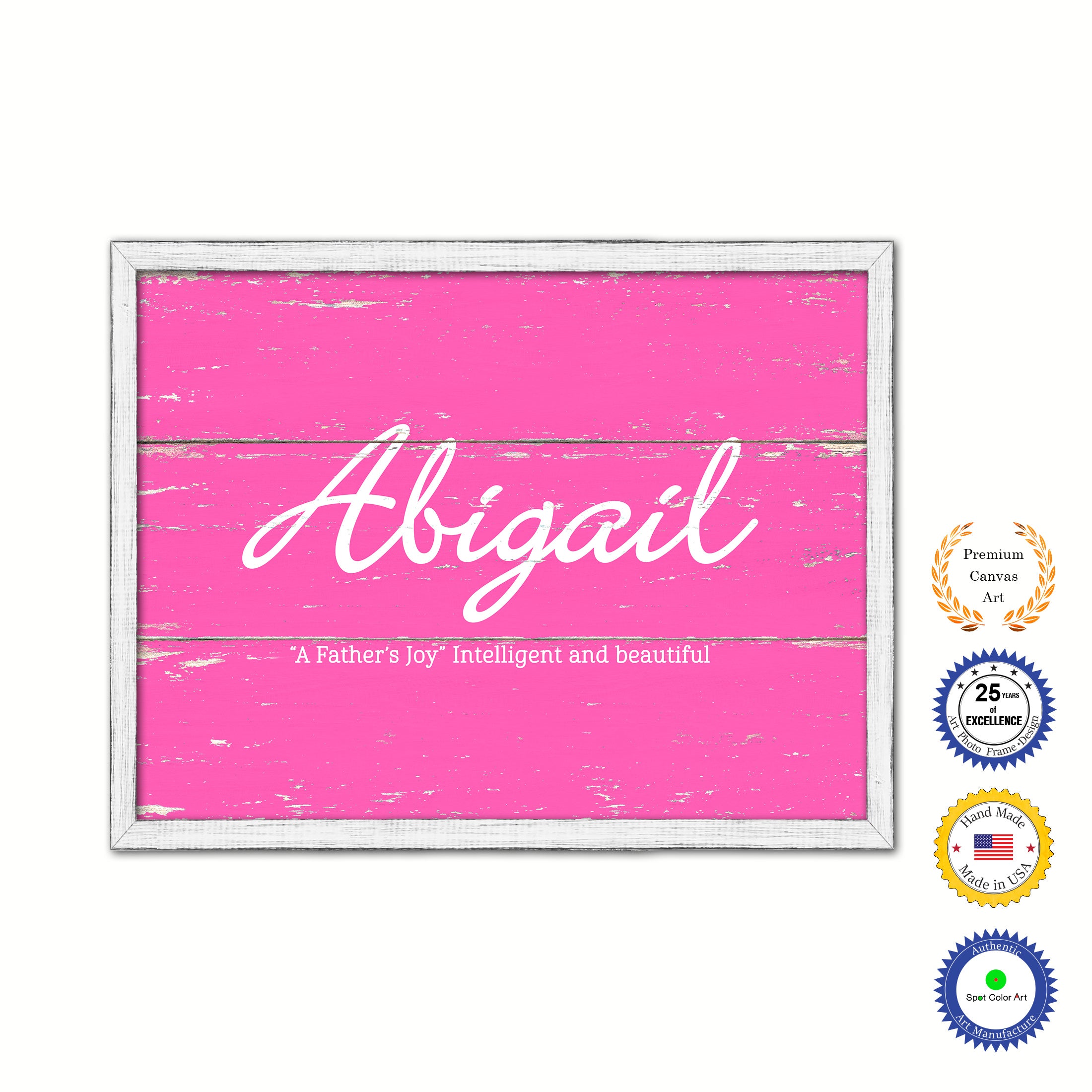Abigail Name Plate White Wash Wood Frame Canvas Print Boutique Cottage Decor Shabby Chic