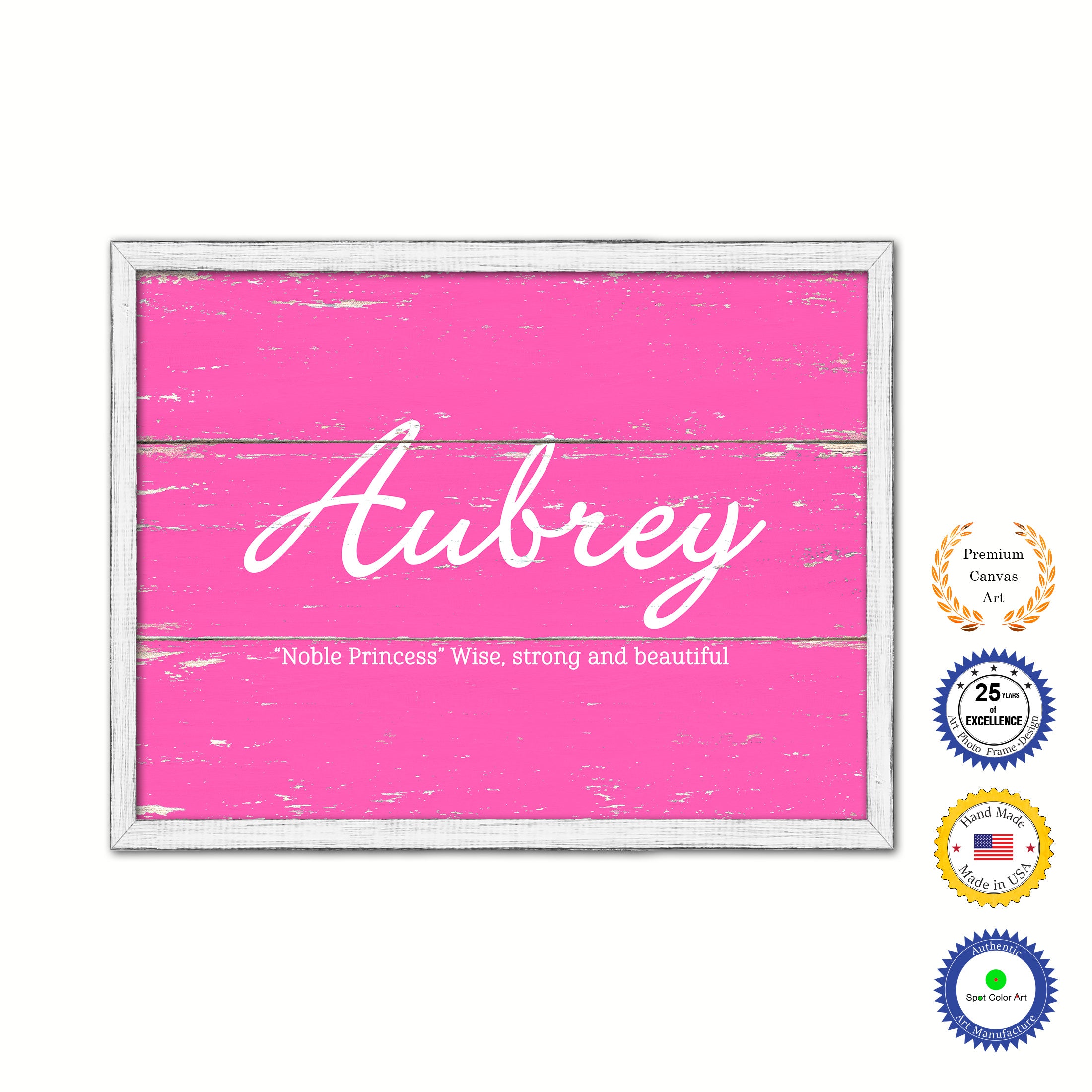 Aubrey Name Plate White Wash Wood Frame Canvas Print Boutique Cottage Decor Shabby Chic
