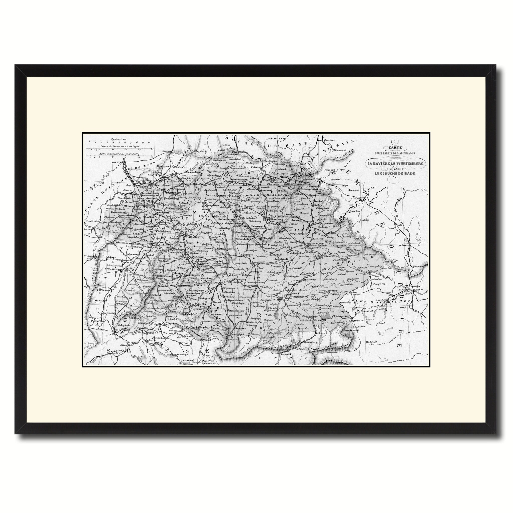 Southern Germany: Bavaria Wurttemberg Hesse Vintage B&W Map Canvas Print, Picture Frame Home Decor Wall Art Gift Ideas