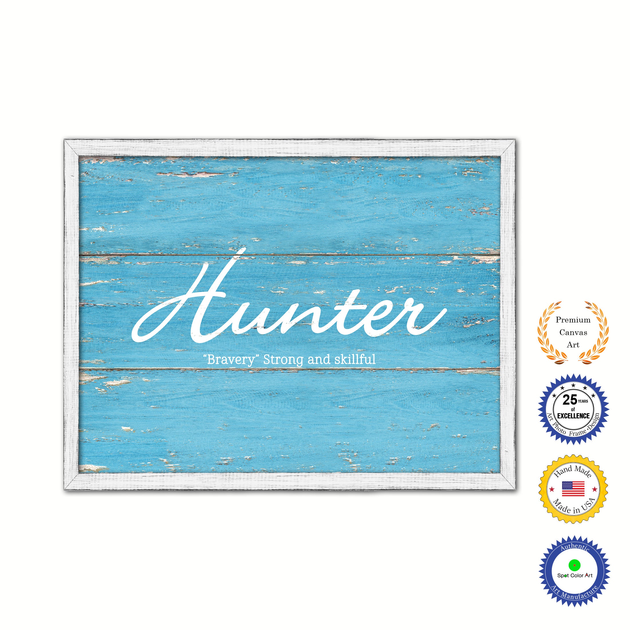 Hunter Name Plate White Wash Wood Frame Canvas Print Boutique Cottage Decor Shabby Chic