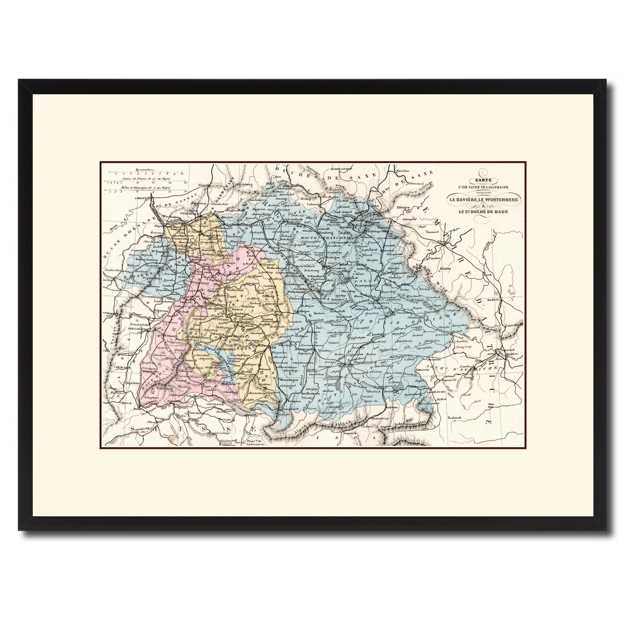 Southern Germany: Bavaria Wurttemberg Hesse Vintage Antique Map Wall Art Home Decor Gift Ideas Canvas Print Custom Picture Frame