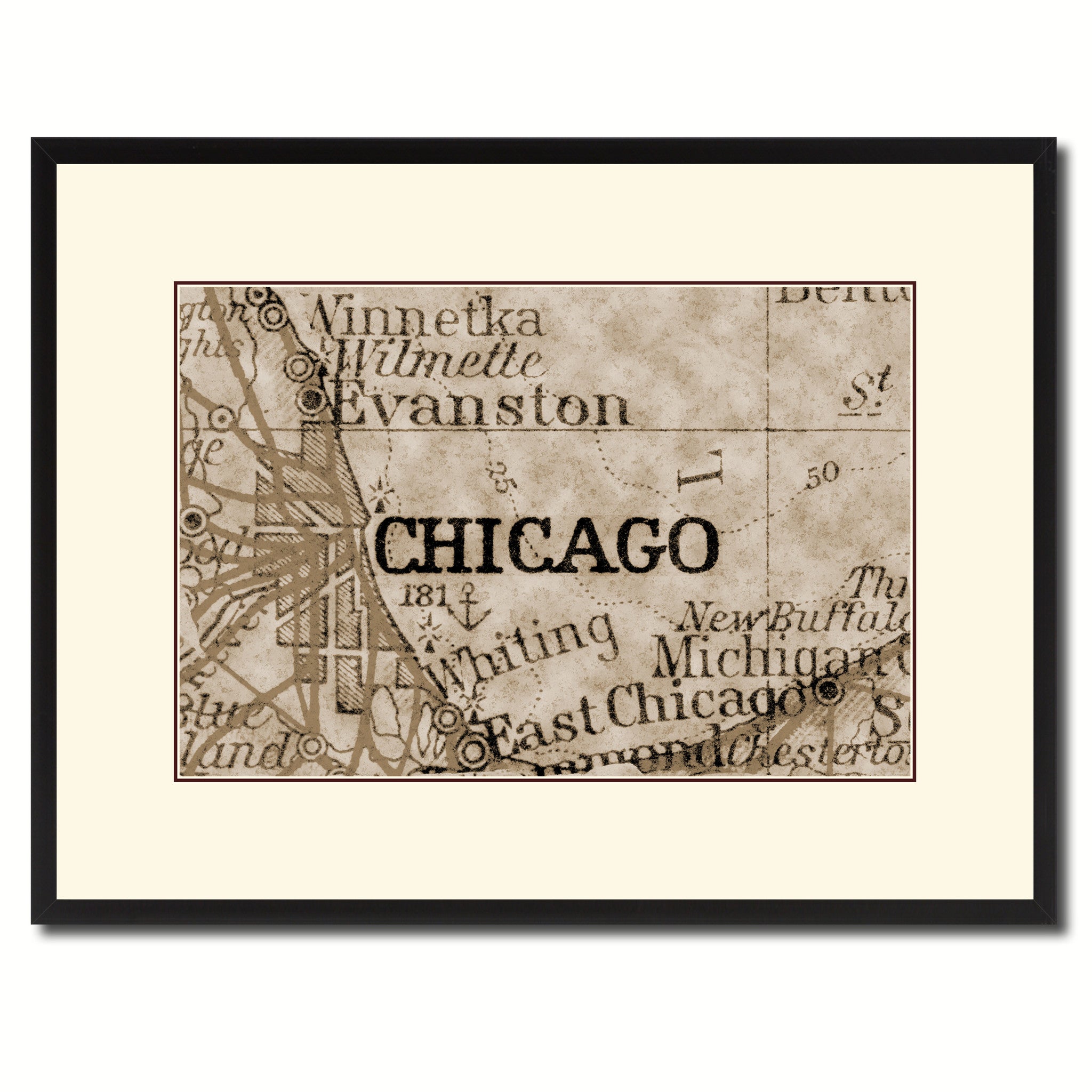 Chicago Illinois Vintage Sepia Map Canvas Print, Picture Frame Gifts Home Decor Wall Art Decoration
