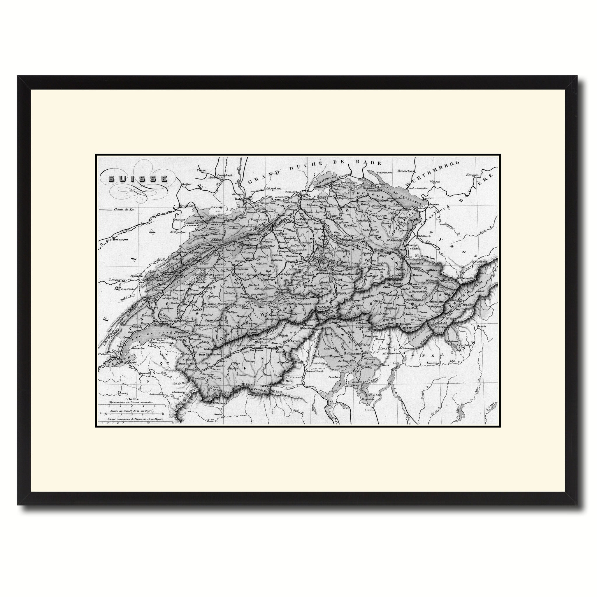 Switzerland Vintage B&W Map Canvas Print, Picture Frame Home Decor Wall Art Gift Ideas