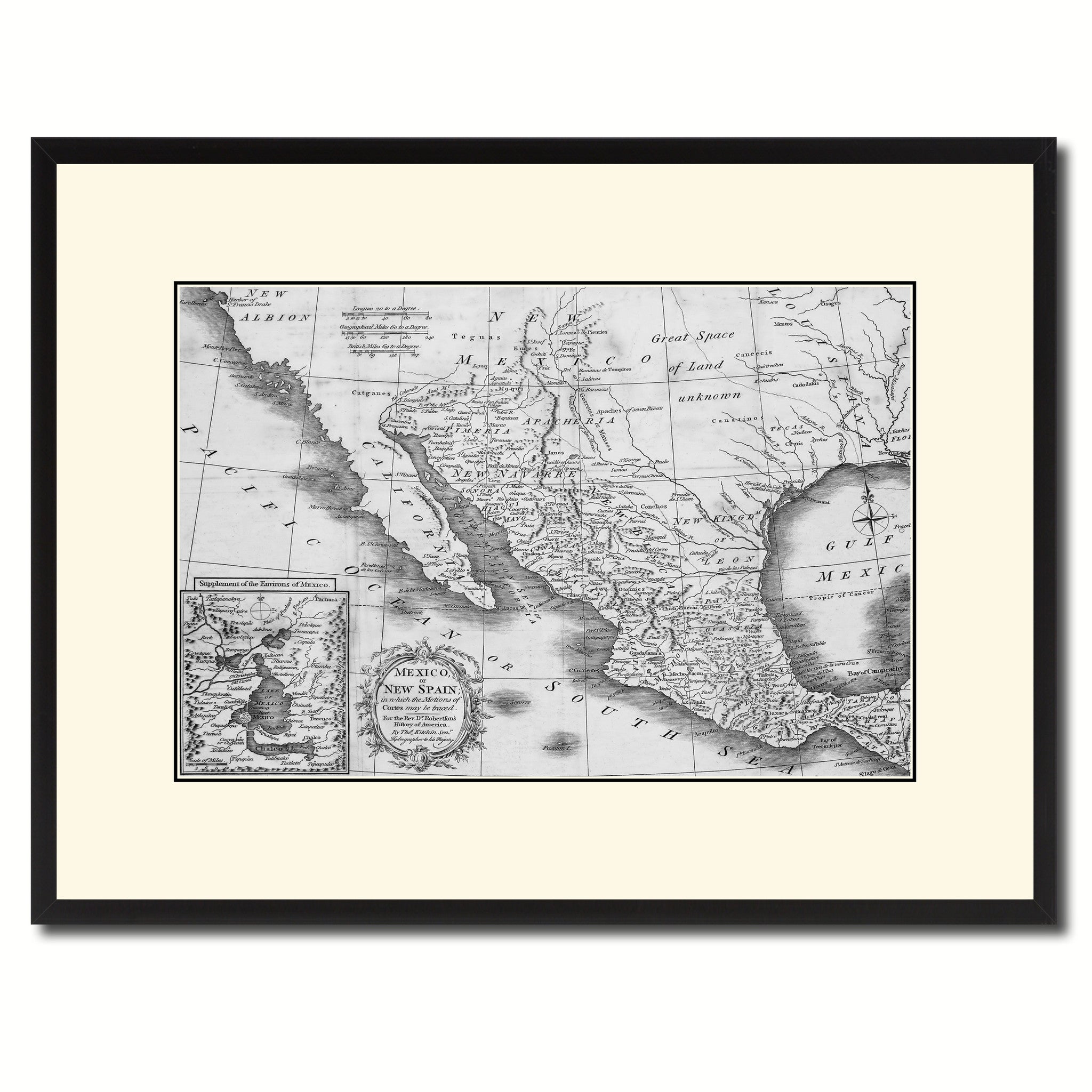 Mexico Vintage B&W Map Canvas Print, Picture Frame Home Decor Wall Art Gift Ideas