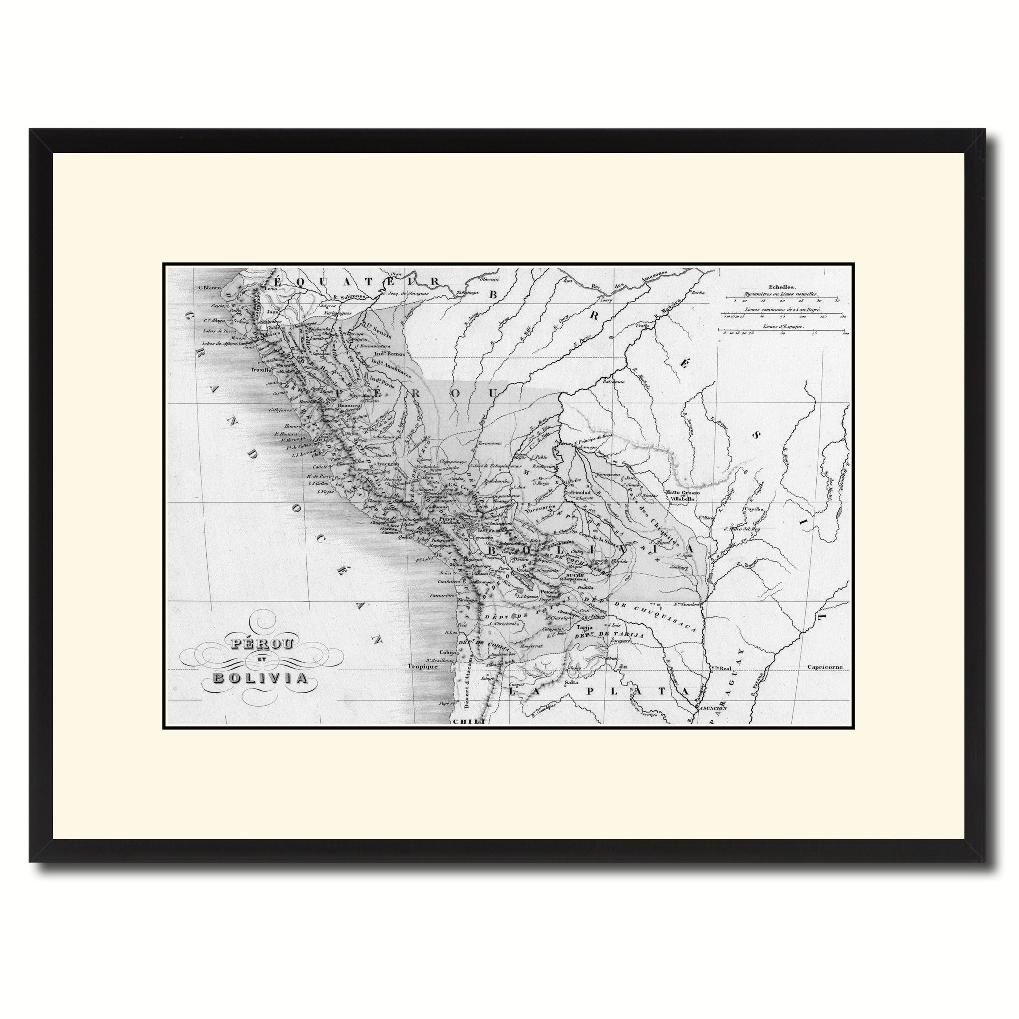 Peru Bolivia Vintage B&W Map Canvas Print, Picture Frame Home Decor Wall Art Gift Ideas