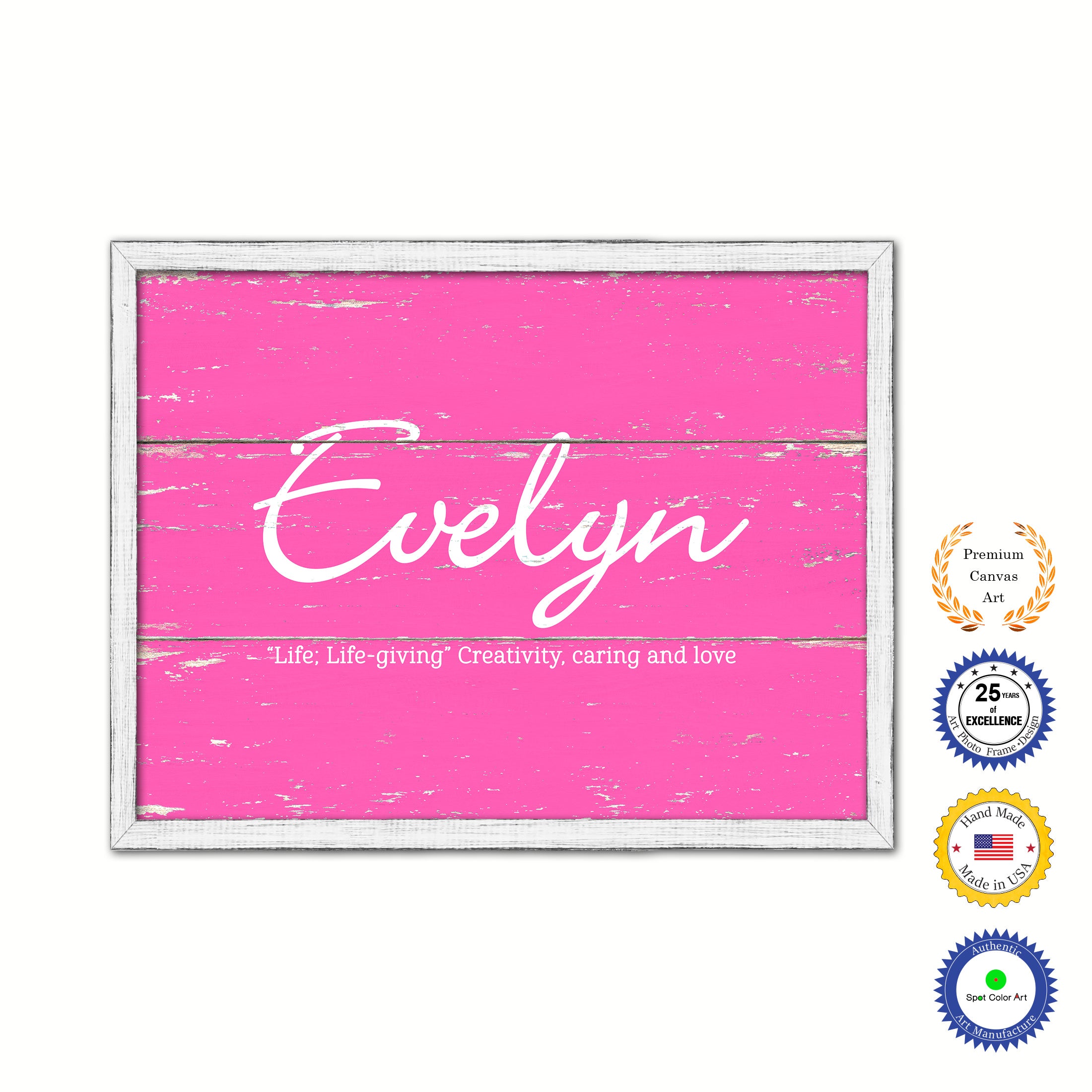 Evelyn Name Plate White Wash Wood Frame Canvas Print Boutique Cottage Decor Shabby Chic