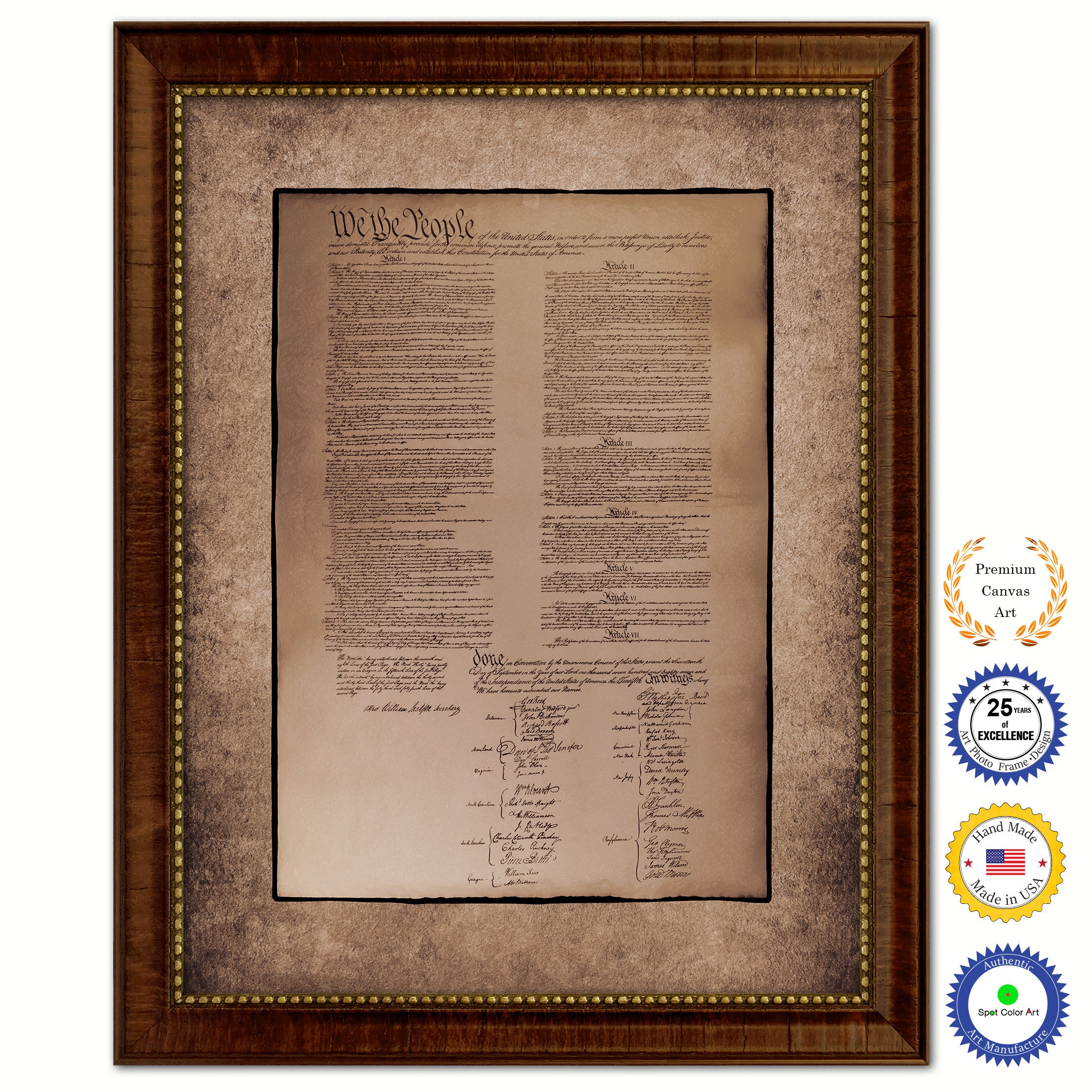 Constitution We The People Canvas Print Home Decor Wall Art, Sepia, Brown Framed