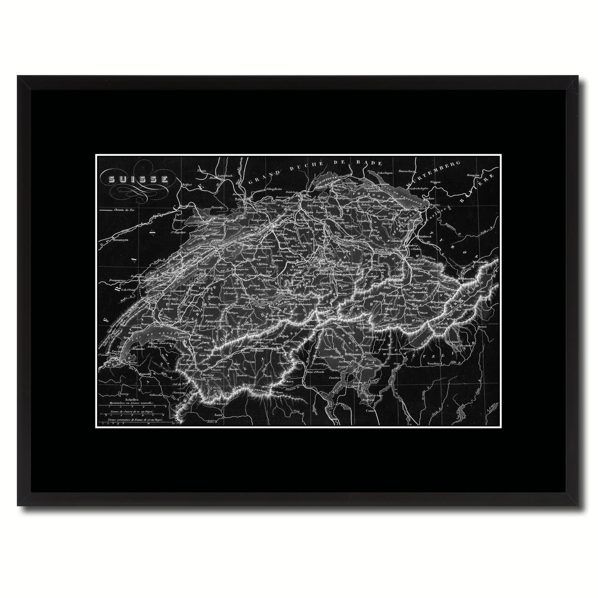 Switzerland Vintage Monochrome Map Canvas Print, Gifts Picture Frames Home Decor Wall Art