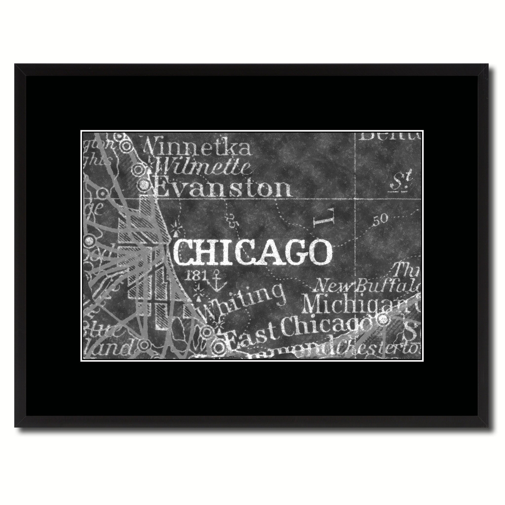 Chicago Illinois Vintage Monochrome Map Canvas Print, Gifts Picture Frames Home Decor Wall Art