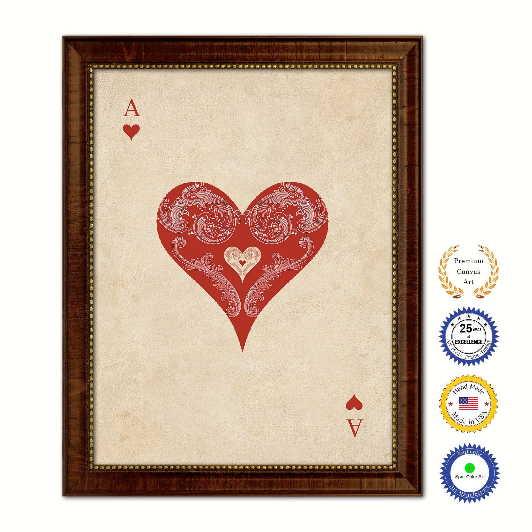 Ace Heart Poker Decks of Vintage Cards Print on Canvas Brown Custom Framed